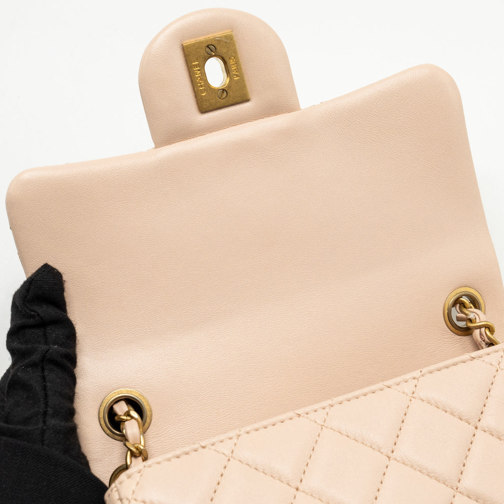 Chanel Pearl Crush Mini Square Flap Bag Lambskin Light Beige  (Microchip)