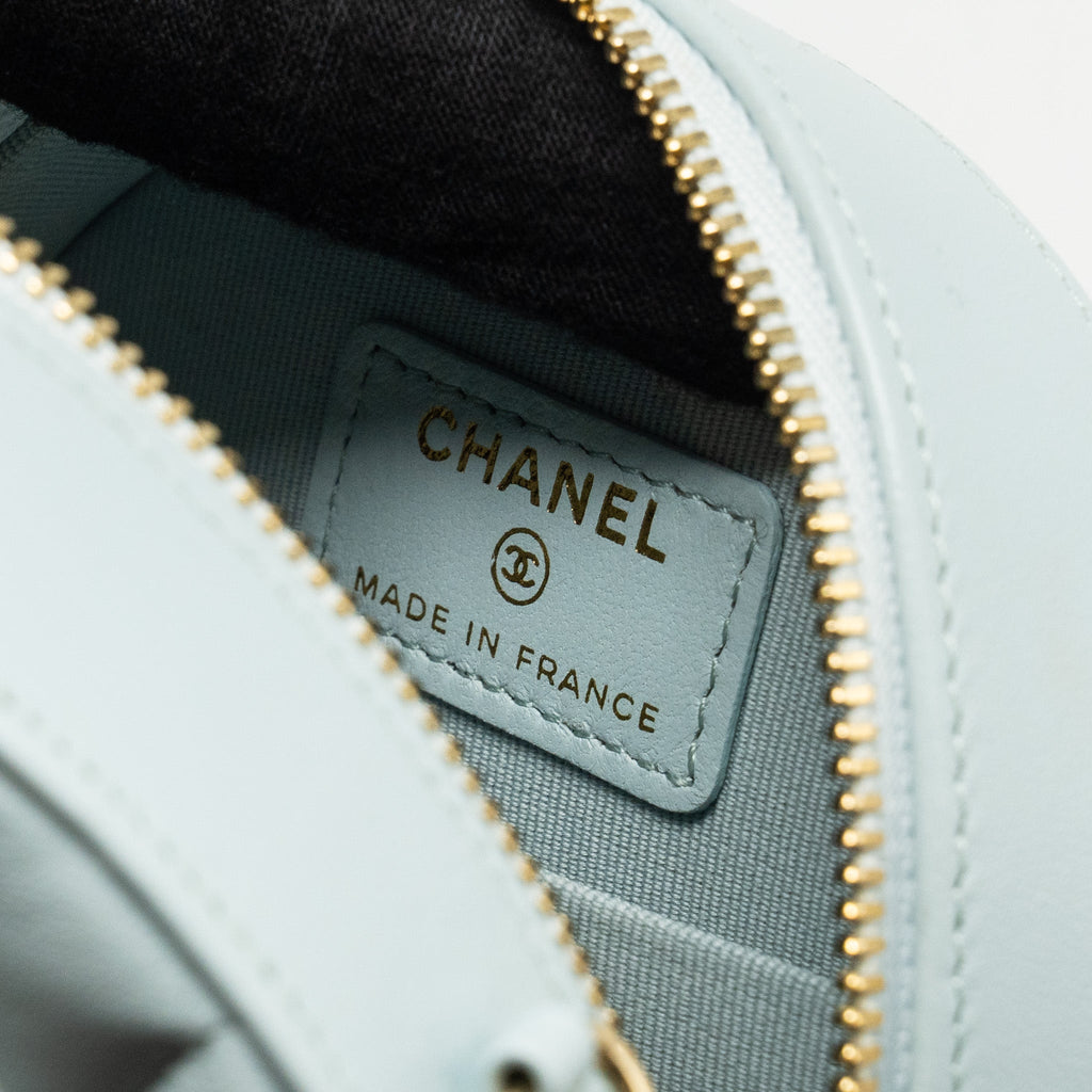 Chanel Mini Round Vanity With ribbon on chain Lambskin Light Blue L