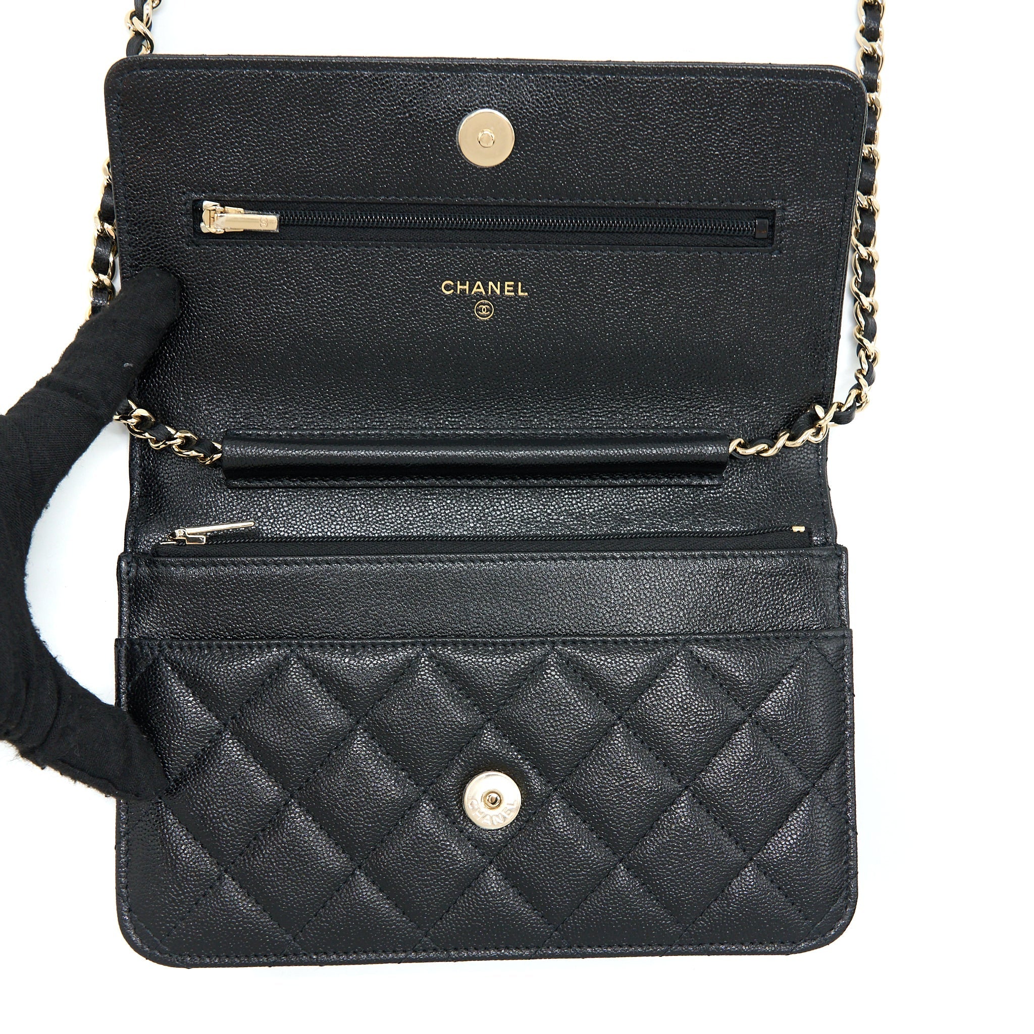 Chanel 22B Detail CC Logo Wallet On Chain Caviar Black L (Microchip)