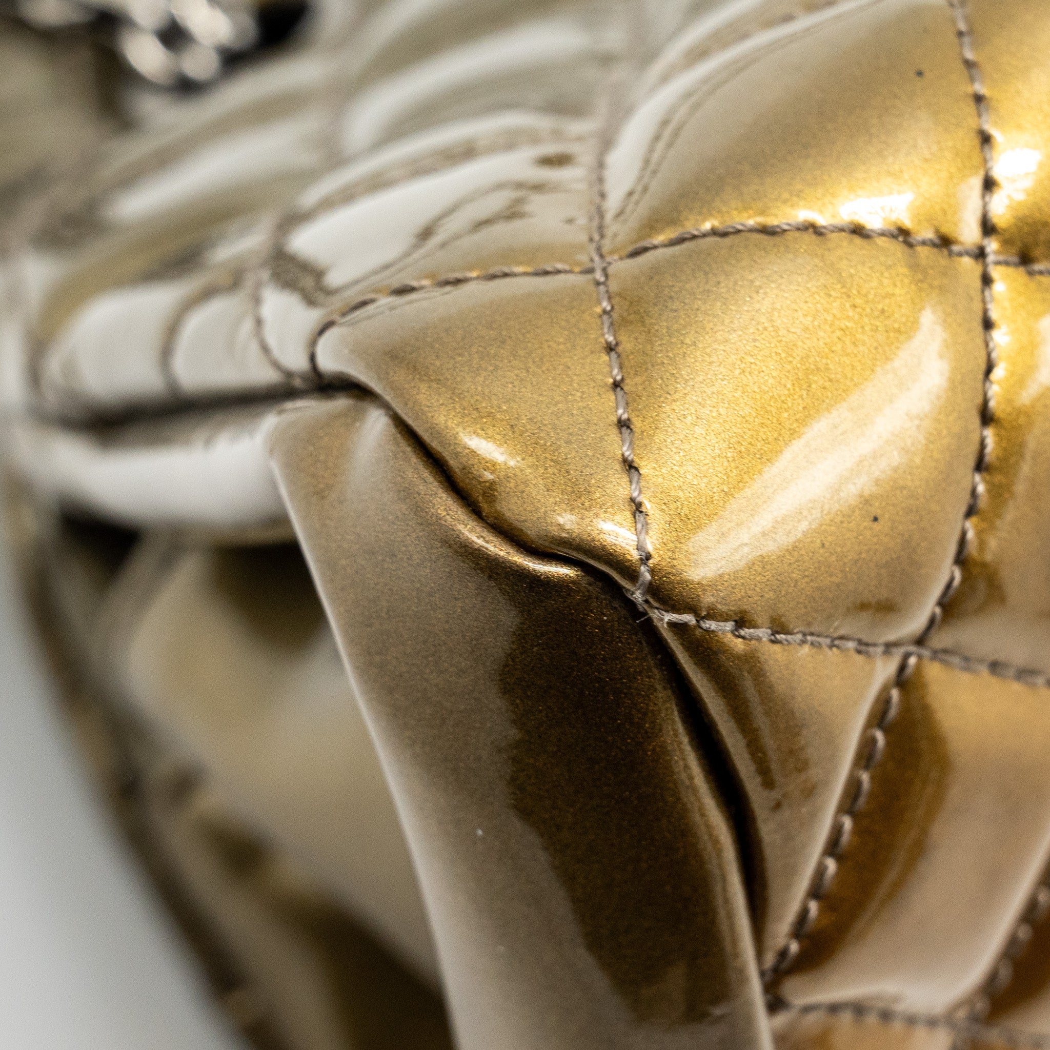 Chanel Just Mademoiselle Bowling Bag Patent Metallic Gold / Silver