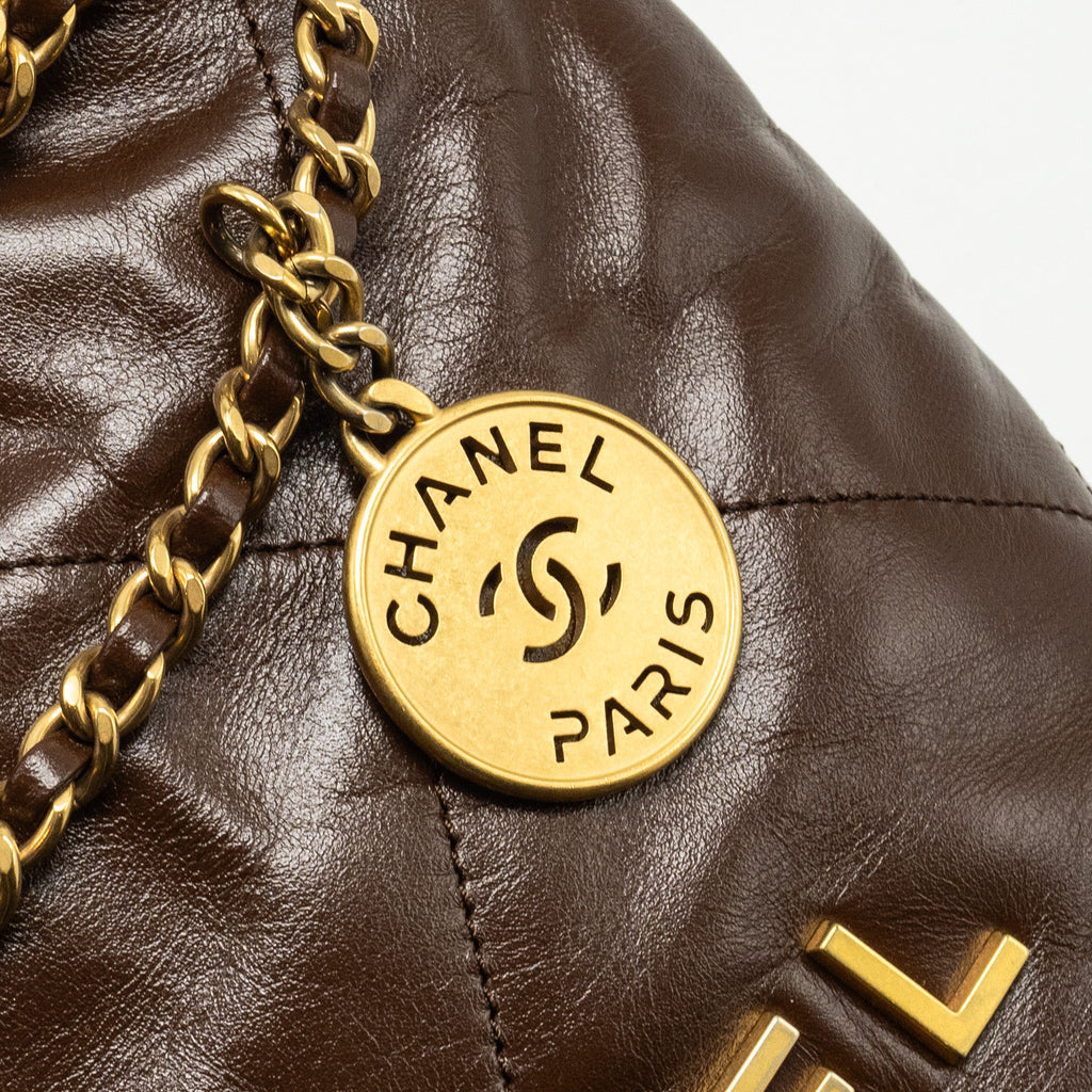 Chanel Mini 22 Bag Shiny Calfskin Chocolate  (microchip)