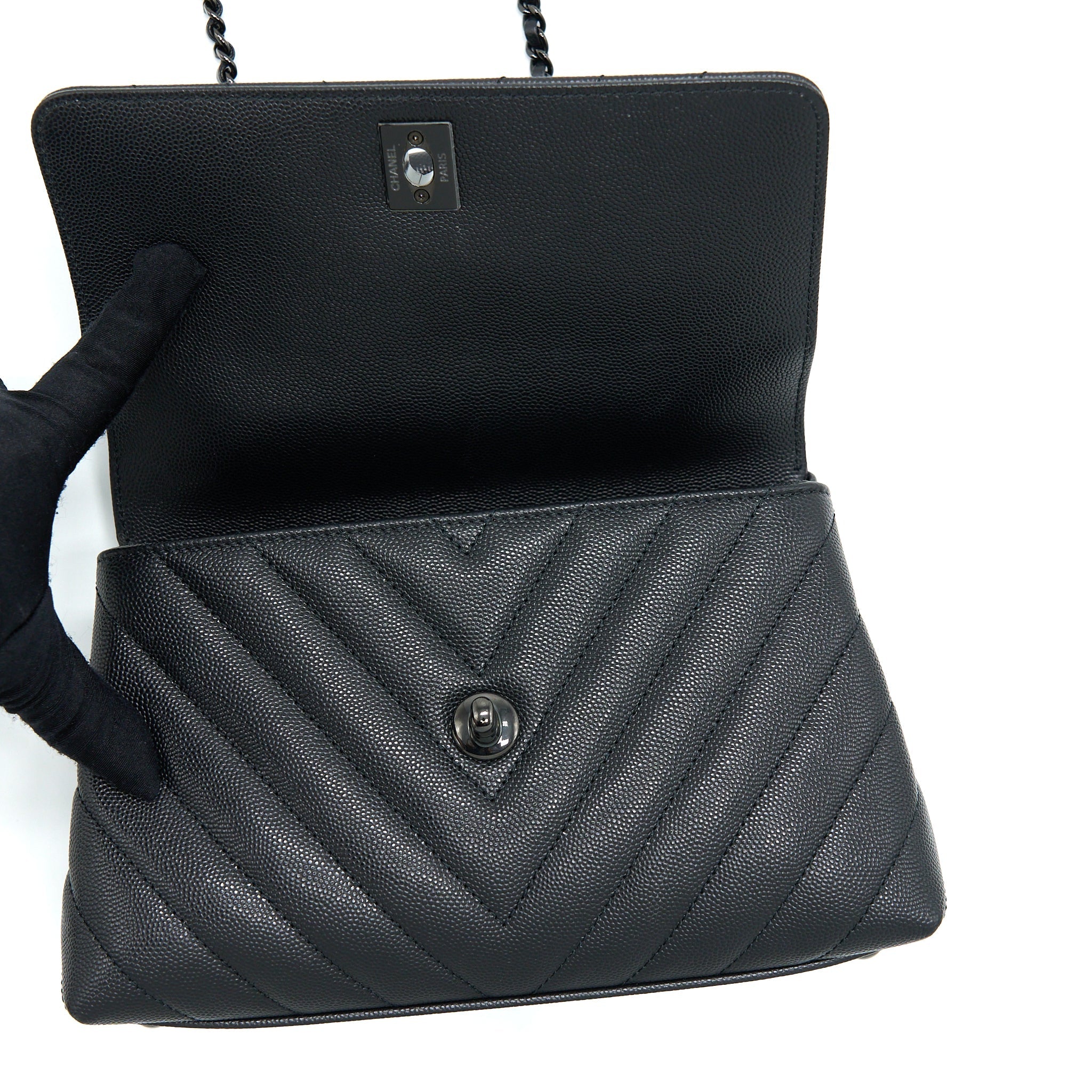 Chanel Small Coco Handle Chevron Caviar So Black