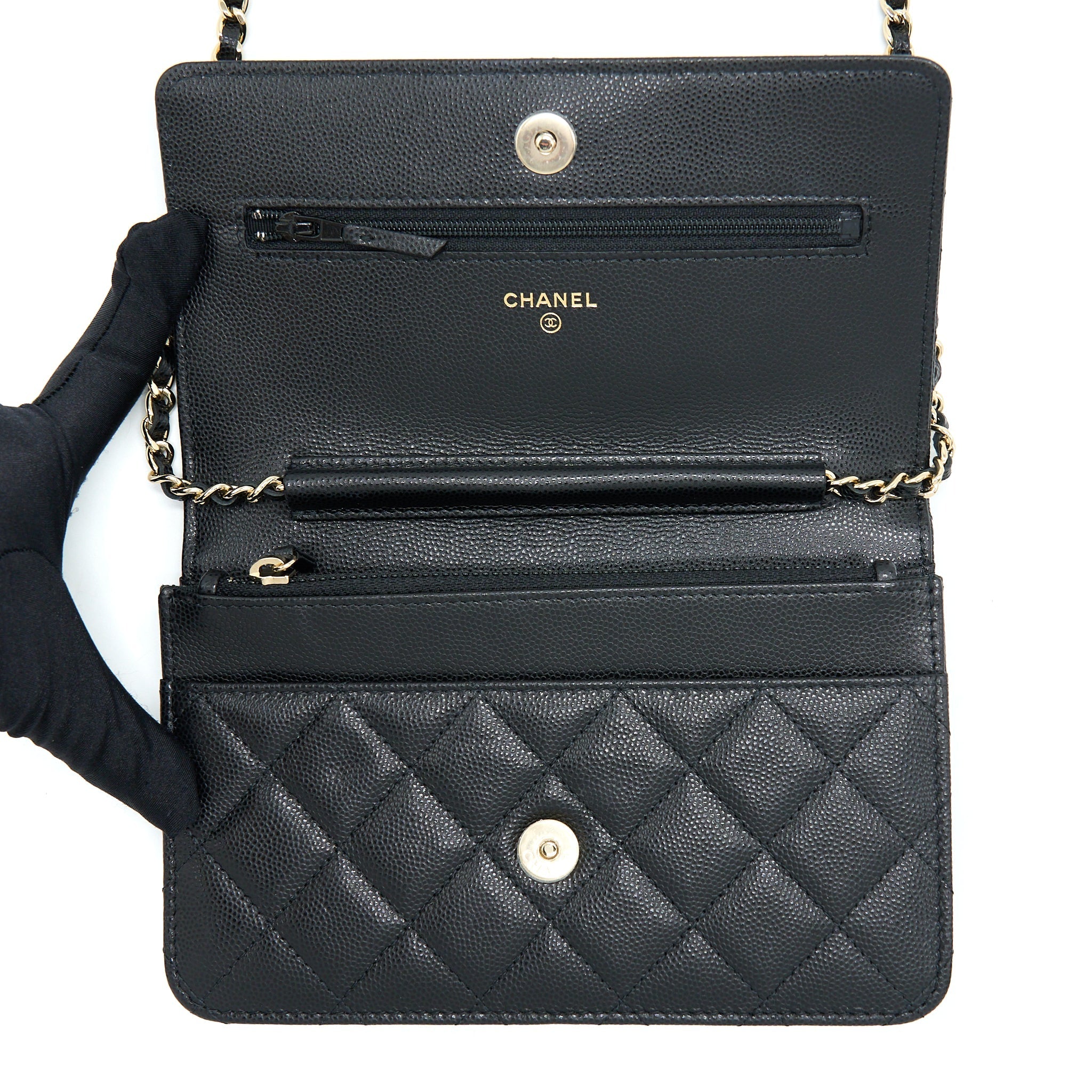 Chanel 22S Wallet On Chains With Detail CC Logo Caviar Black L
