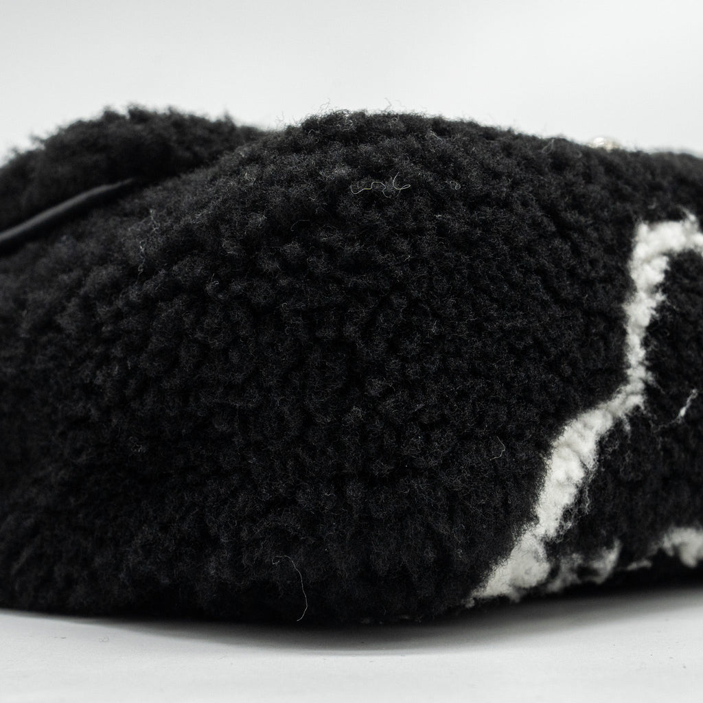 Chanel 22A Fluffy Camellia Flap Bag Embroidered Shearling Lambskin Black / White  (Microchip)