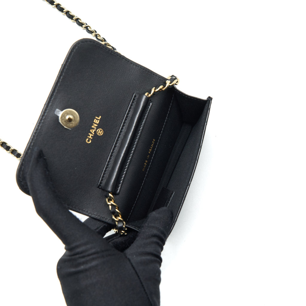 Chanel Mini flap card holder Ribbon Chain Lambskin Black L