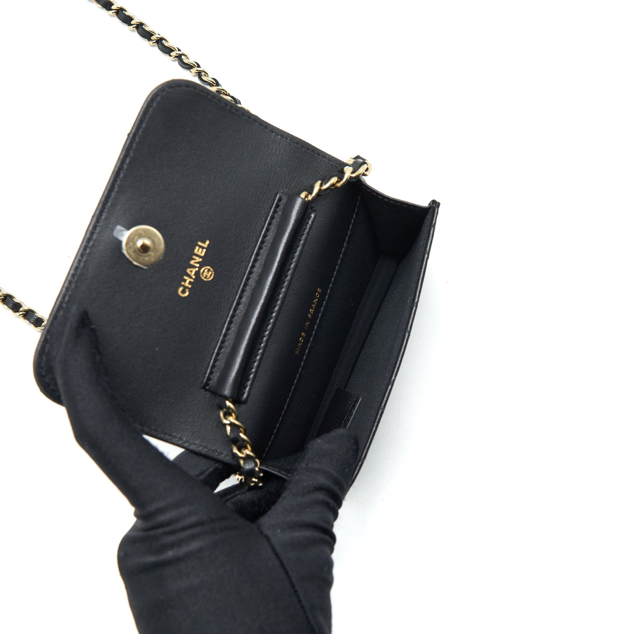Chanel Mini flap card holder Ribbon Chain Lambskin Black L