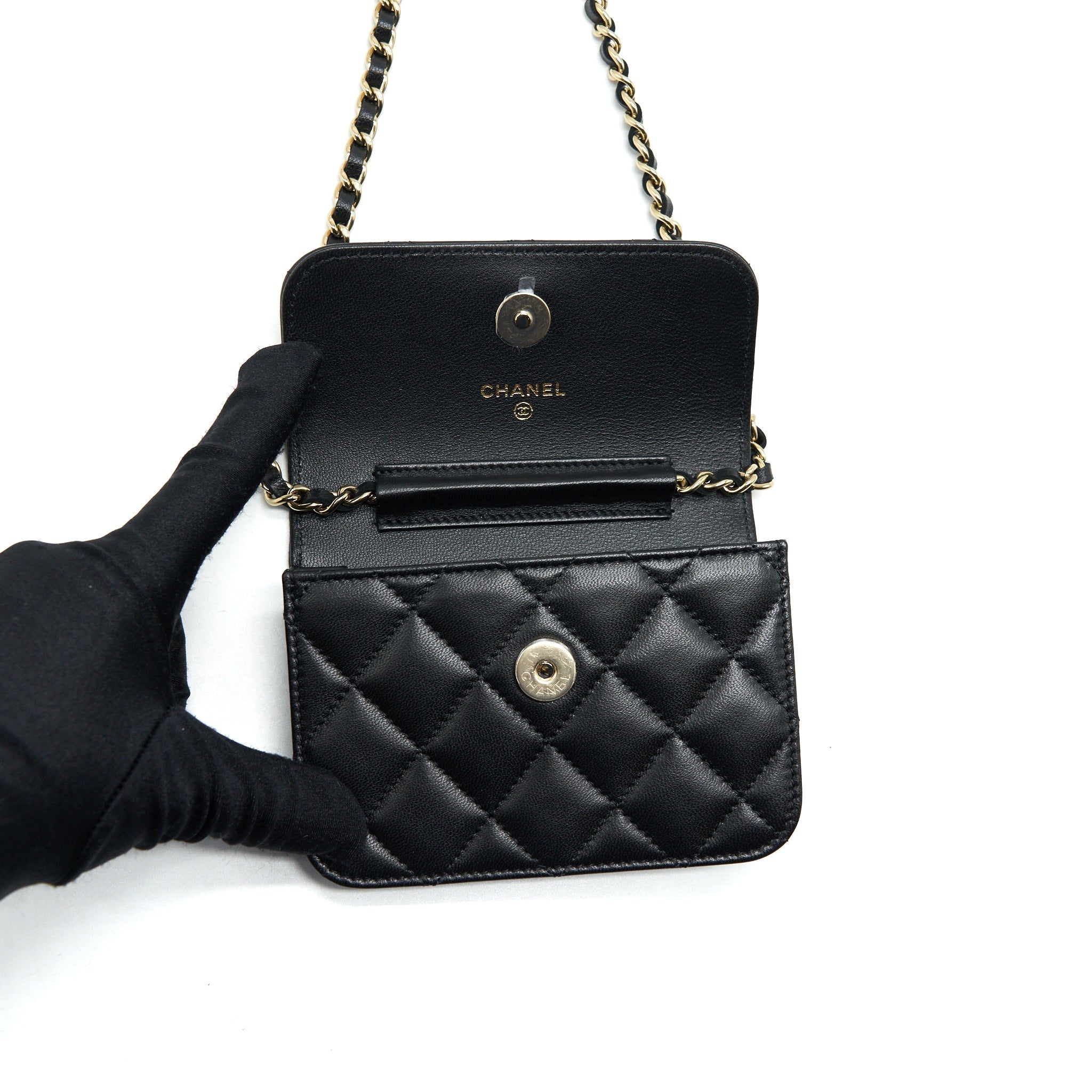 Chanel Mini flap card holder Ribbon Chain Lambskin Black L