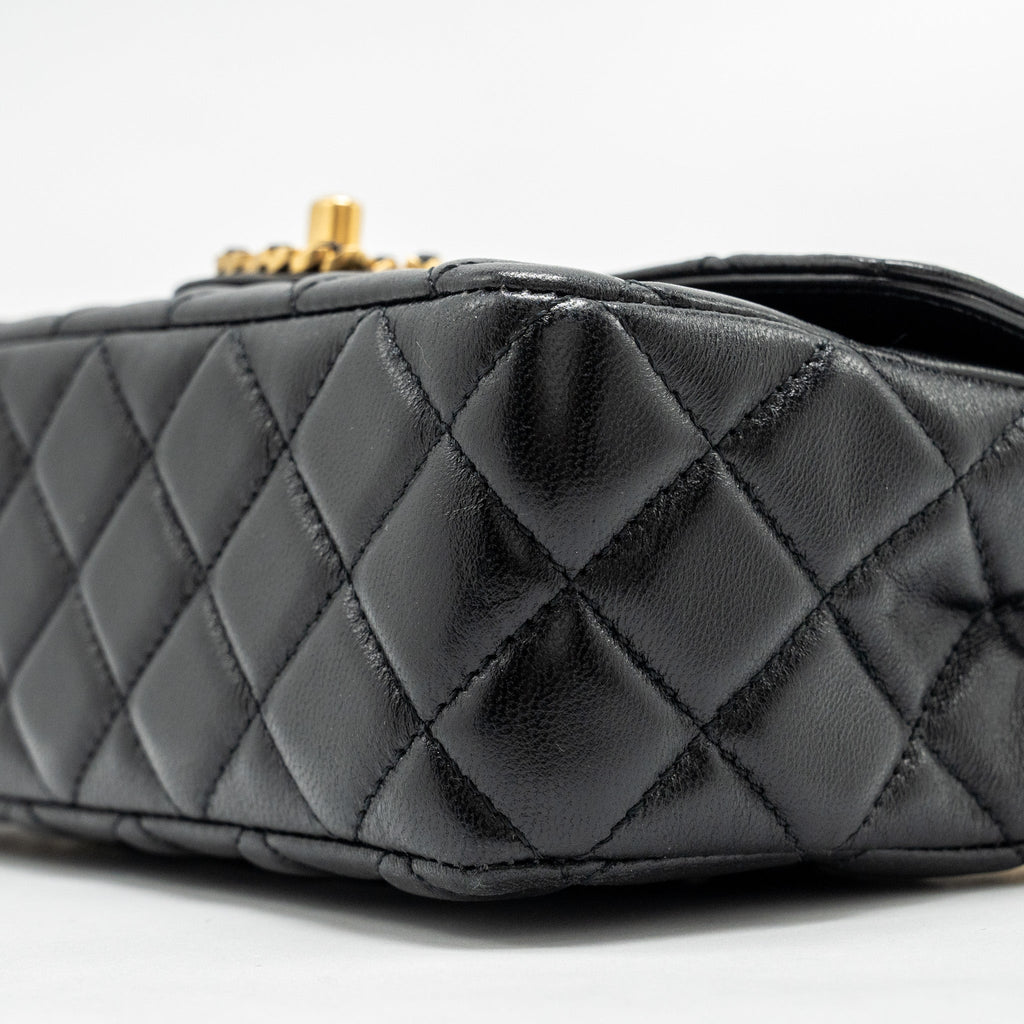 Chanel Detailed Top Handle Flap Bag Lambskin Black  (Microchip)