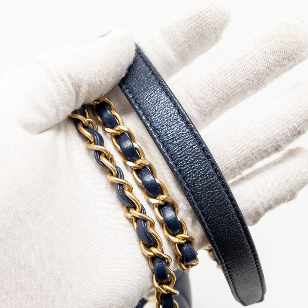 Chanel pearl decorated quilted flap bag lambskin navy