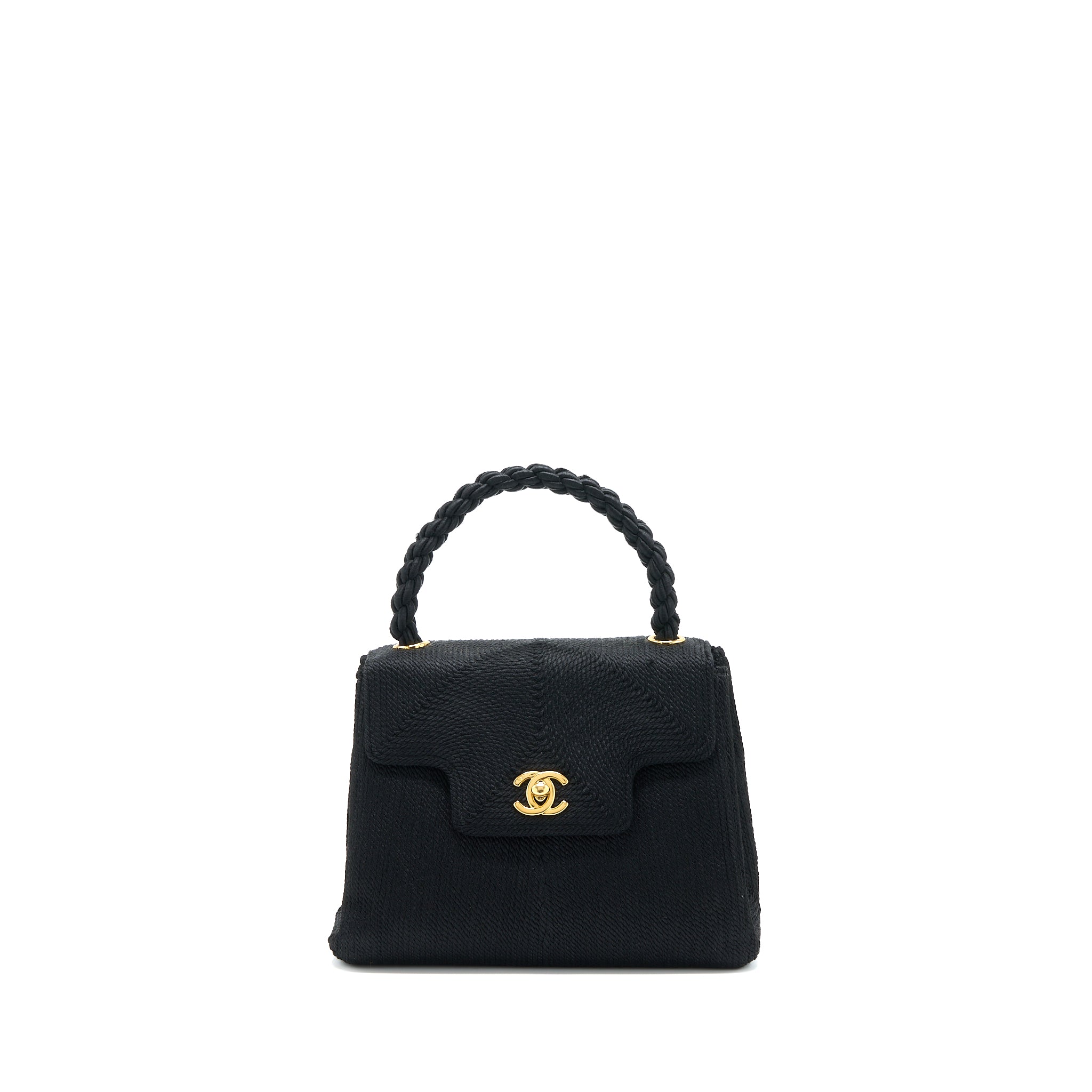 Chanel Vintage Top Handle Flap Bag Woven Silk Black