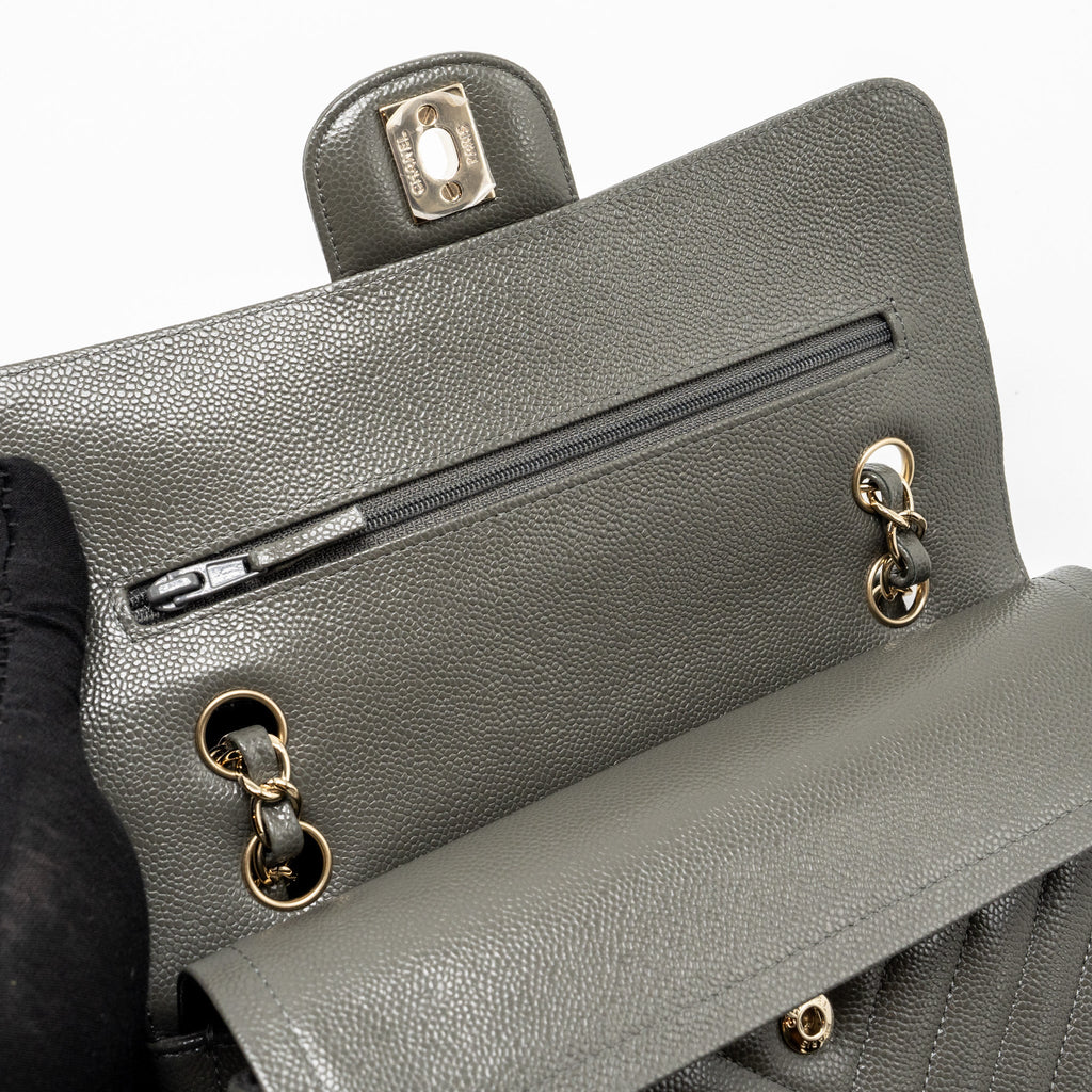 Chanel Small Classic Double Flap Bag Chevron Caviar Dark Grey L