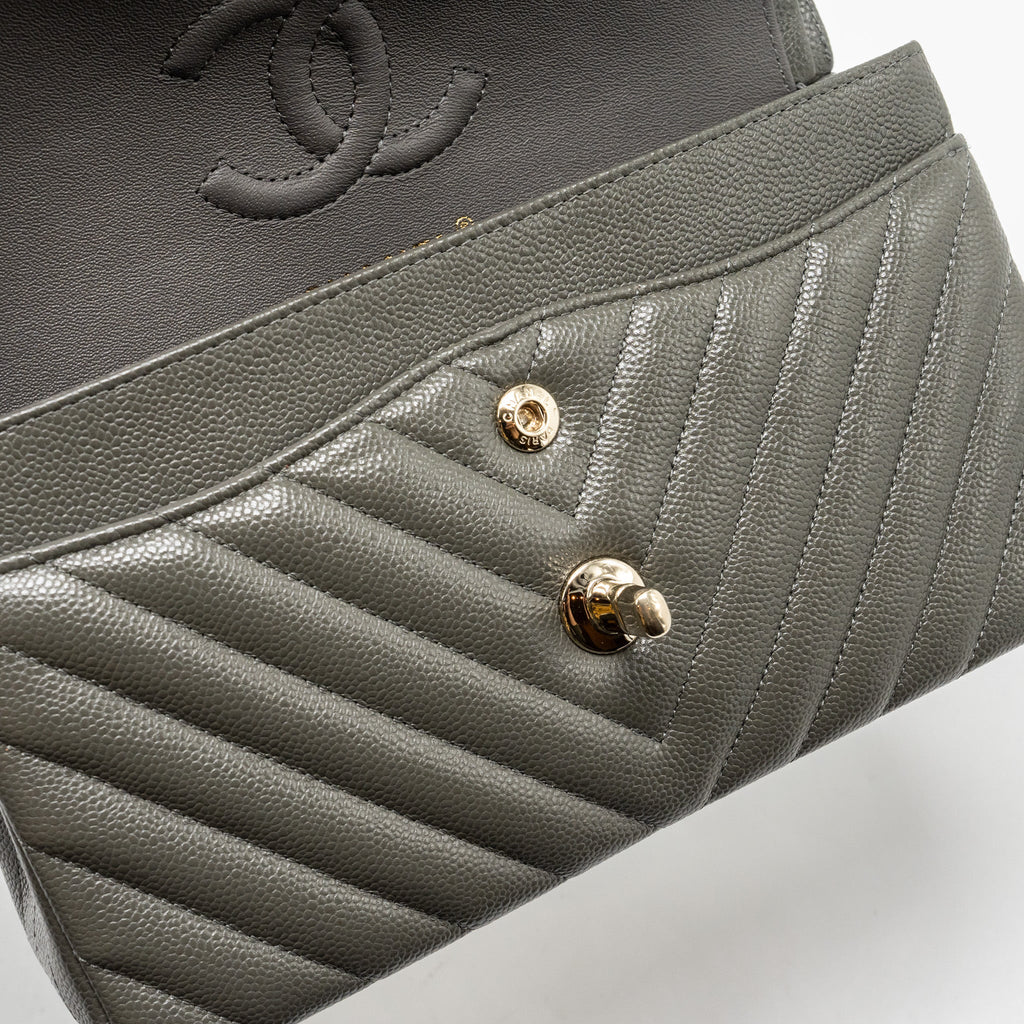 Chanel Small Classic Double Flap Bag Chevron Caviar Dark Grey L