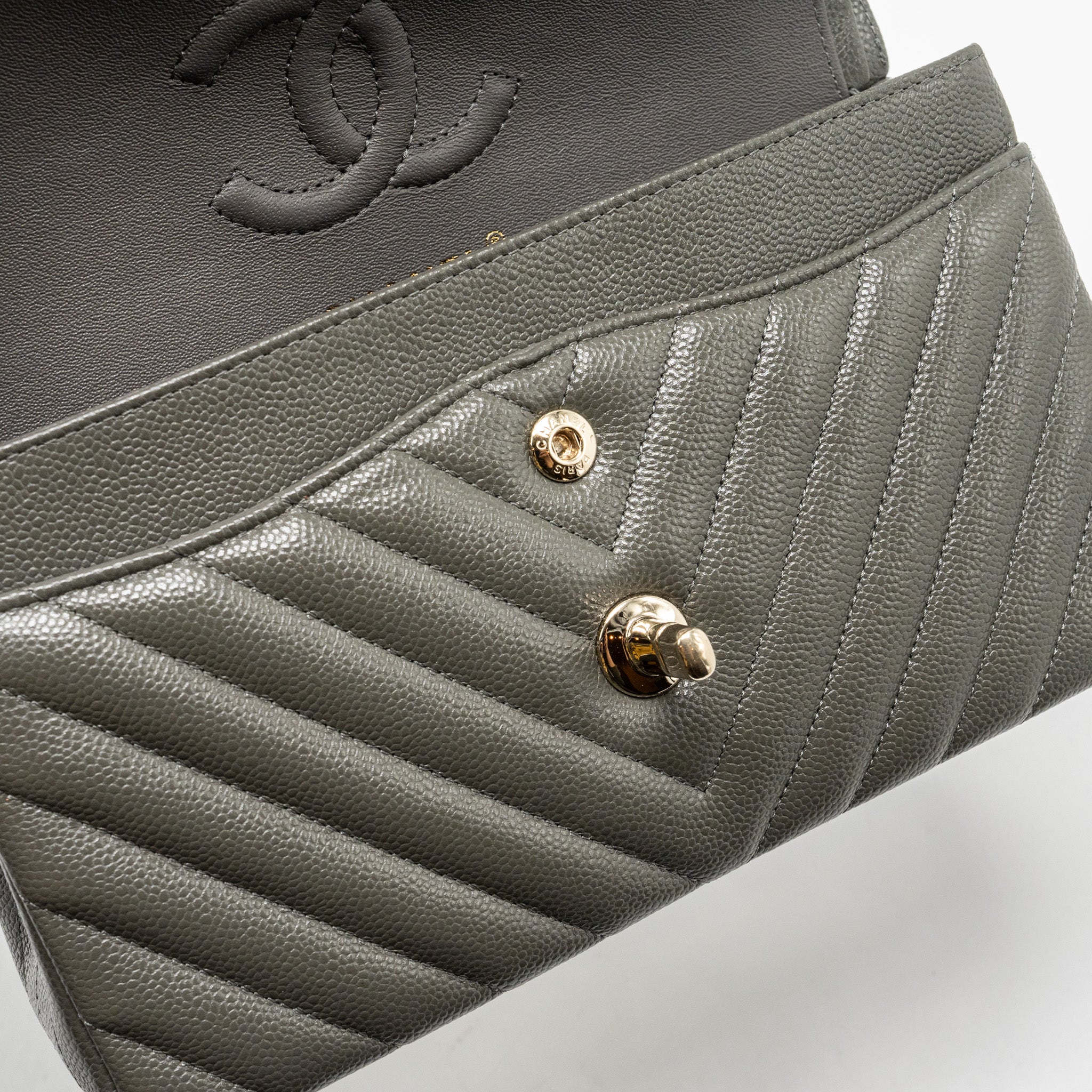 Chanel Small Classic Double Flap Bag Chevron Caviar Dark Grey L