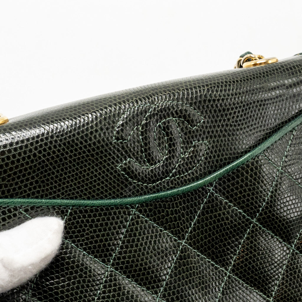 Chanel Vintage Envelop Flap Bag With Chain Lizard Dark Green