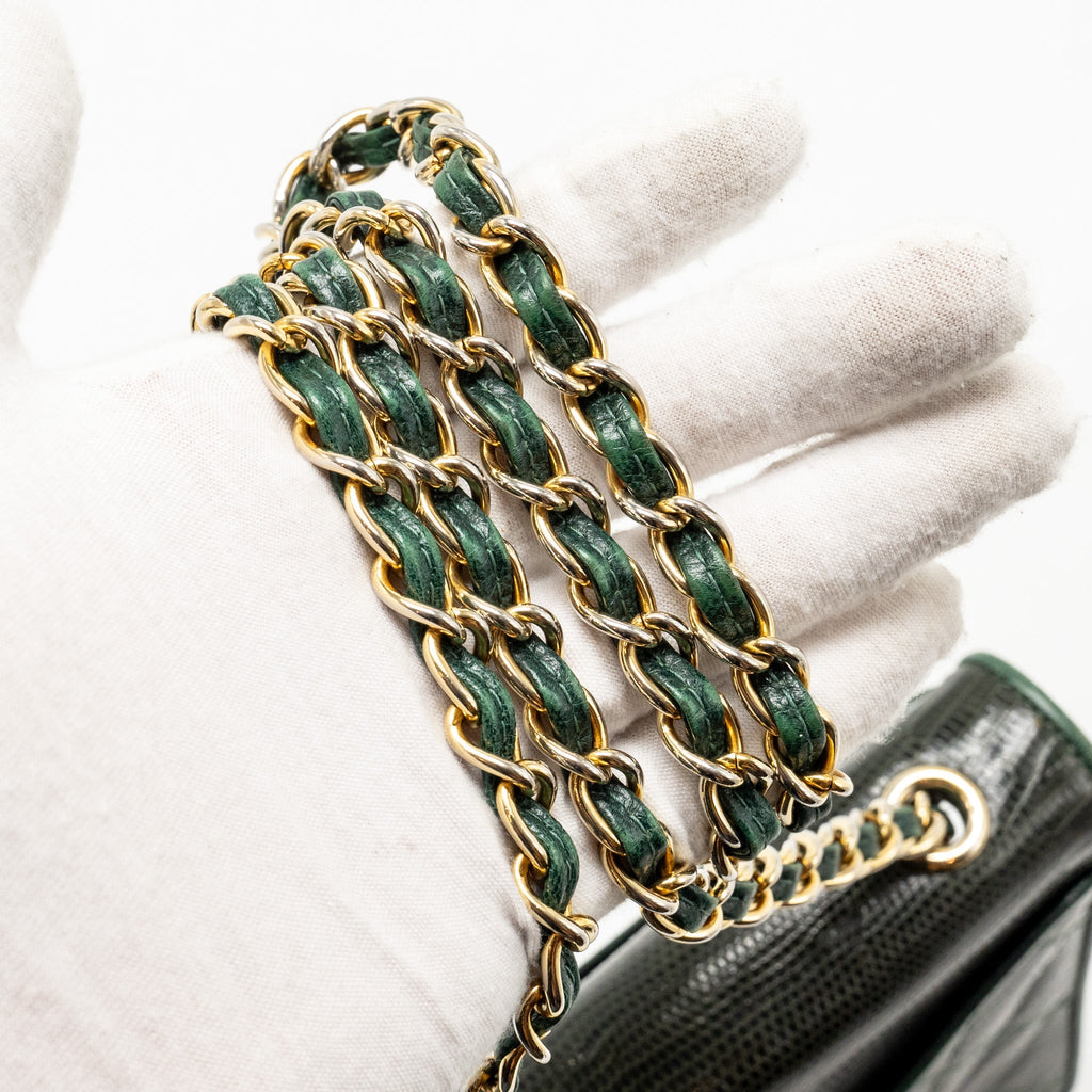 Chanel Vintage Envelop Flap Bag With Chain Lizard Dark Green