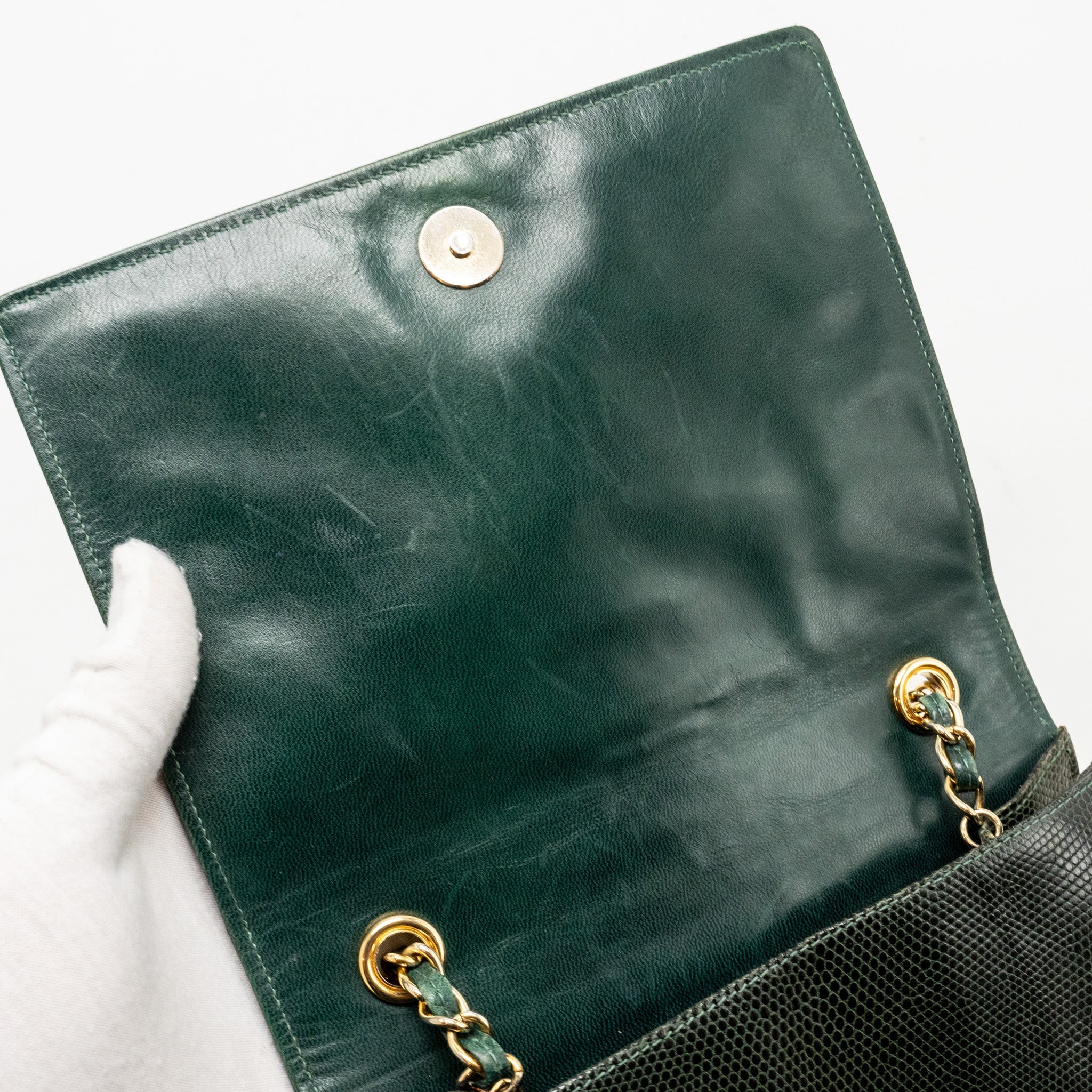 Chanel Vintage Envelop Flap Bag With Chain Lizard Dark Green