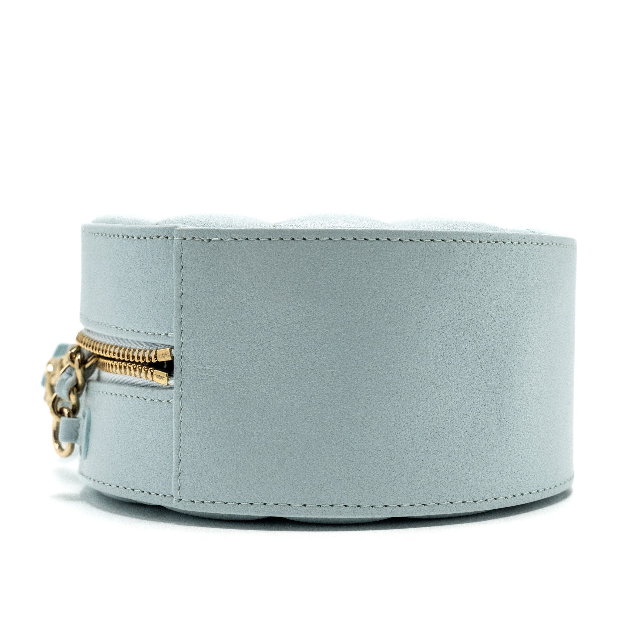 Chanel Mini Round Vanity With ribbon on chain Lambskin Light Blue L