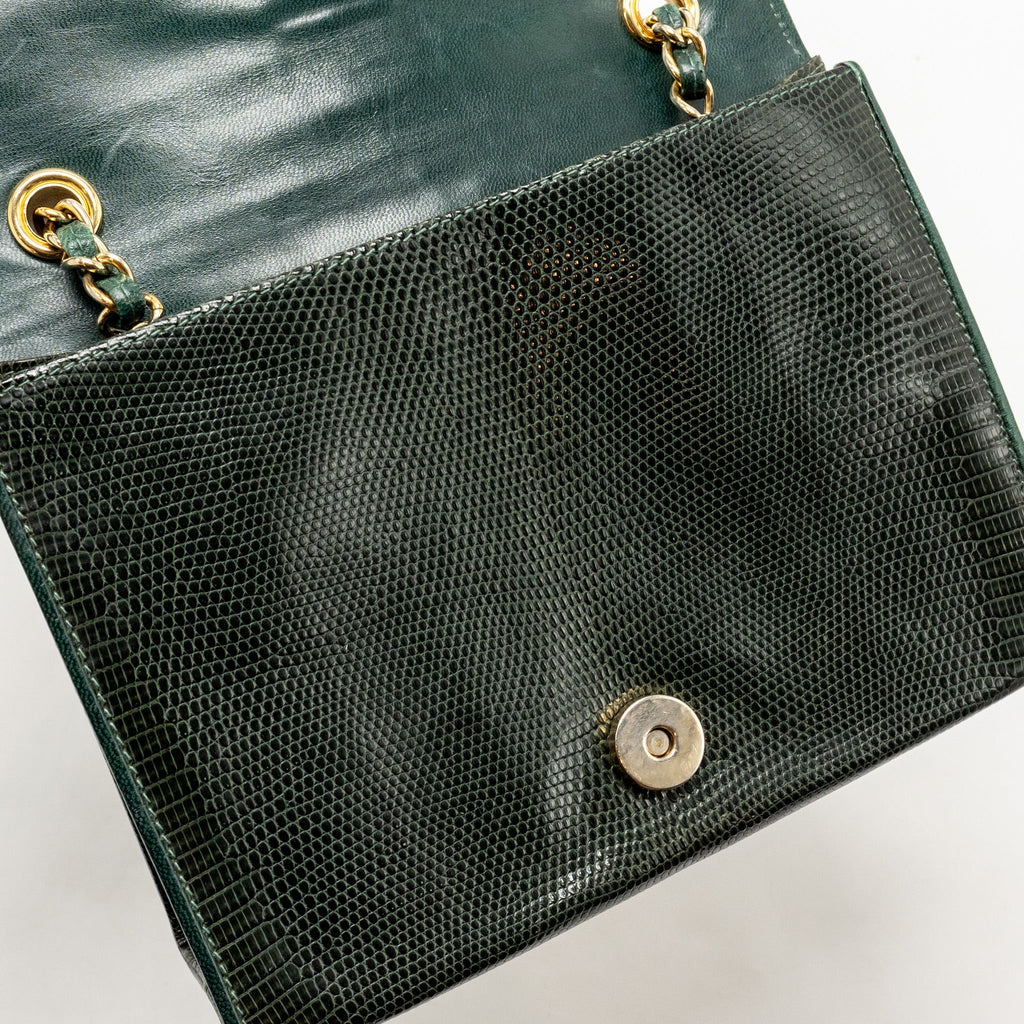 Chanel Vintage Envelop Flap Bag With Chain Lizard Dark Green