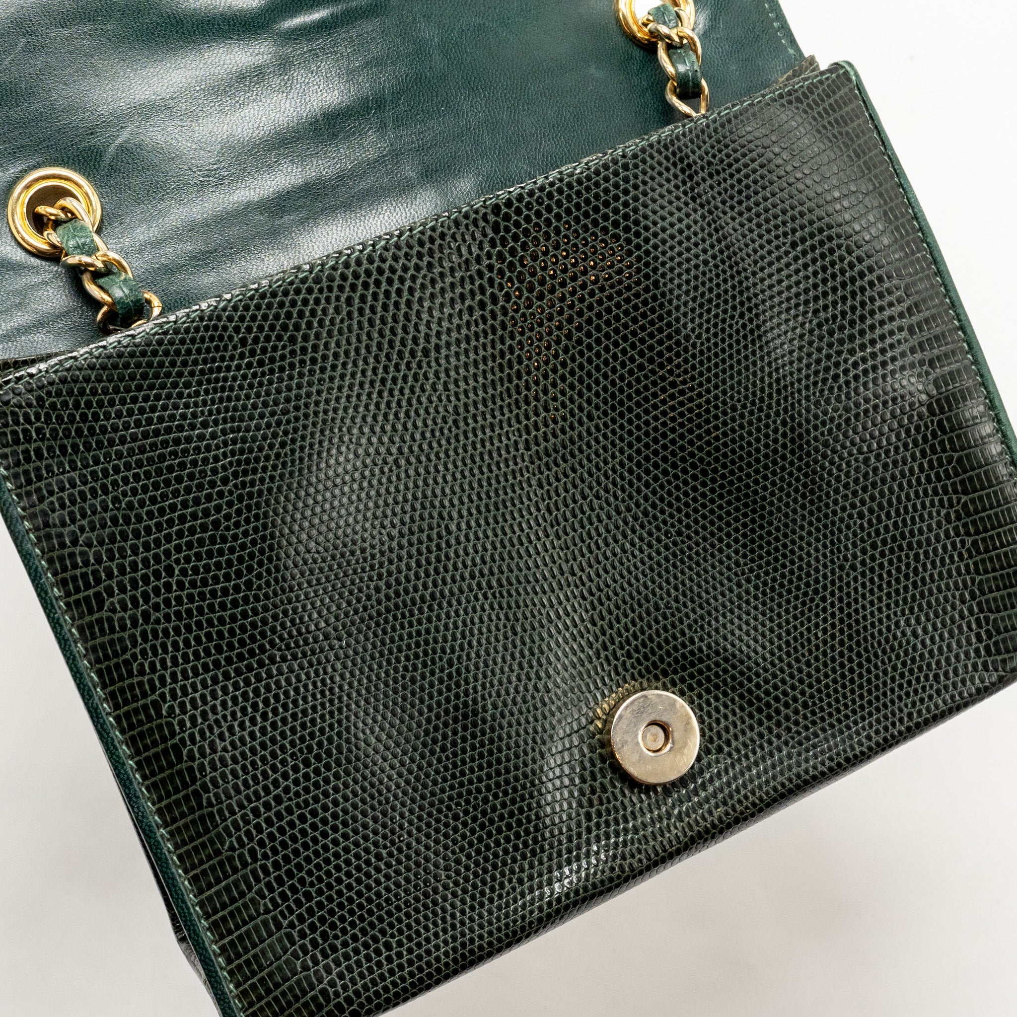 Chanel Vintage Envelop Flap Bag With Chain Lizard Dark Green