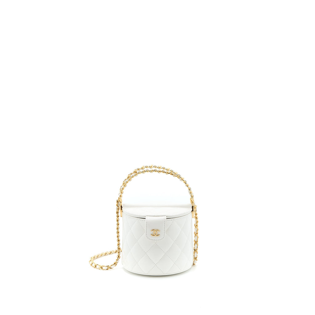 Chanel Top Handle Round Vanity with Chain Lambskin White  (Microchip)