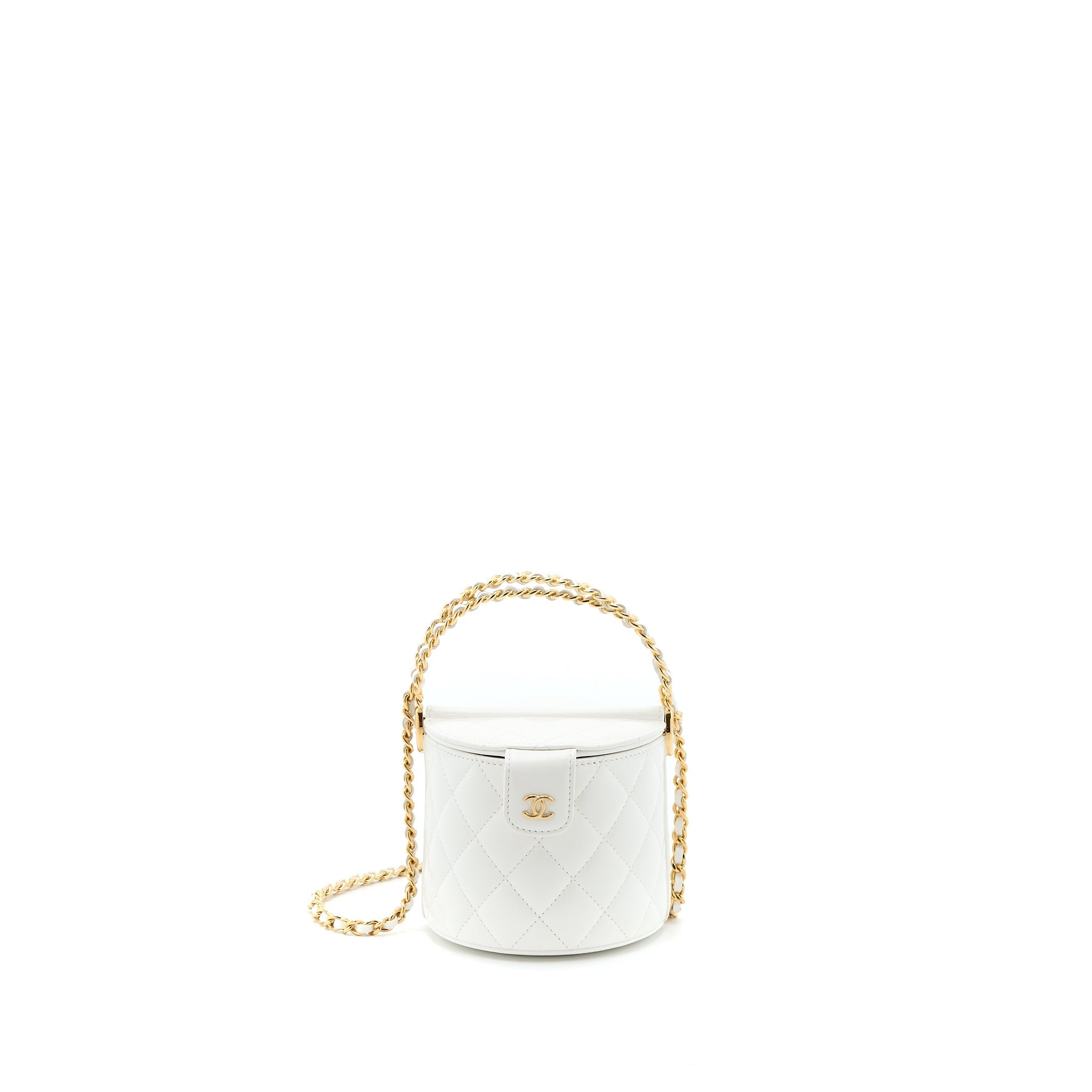 Chanel Top Handle Round Vanity with Chain Lambskin White  (Microchip)