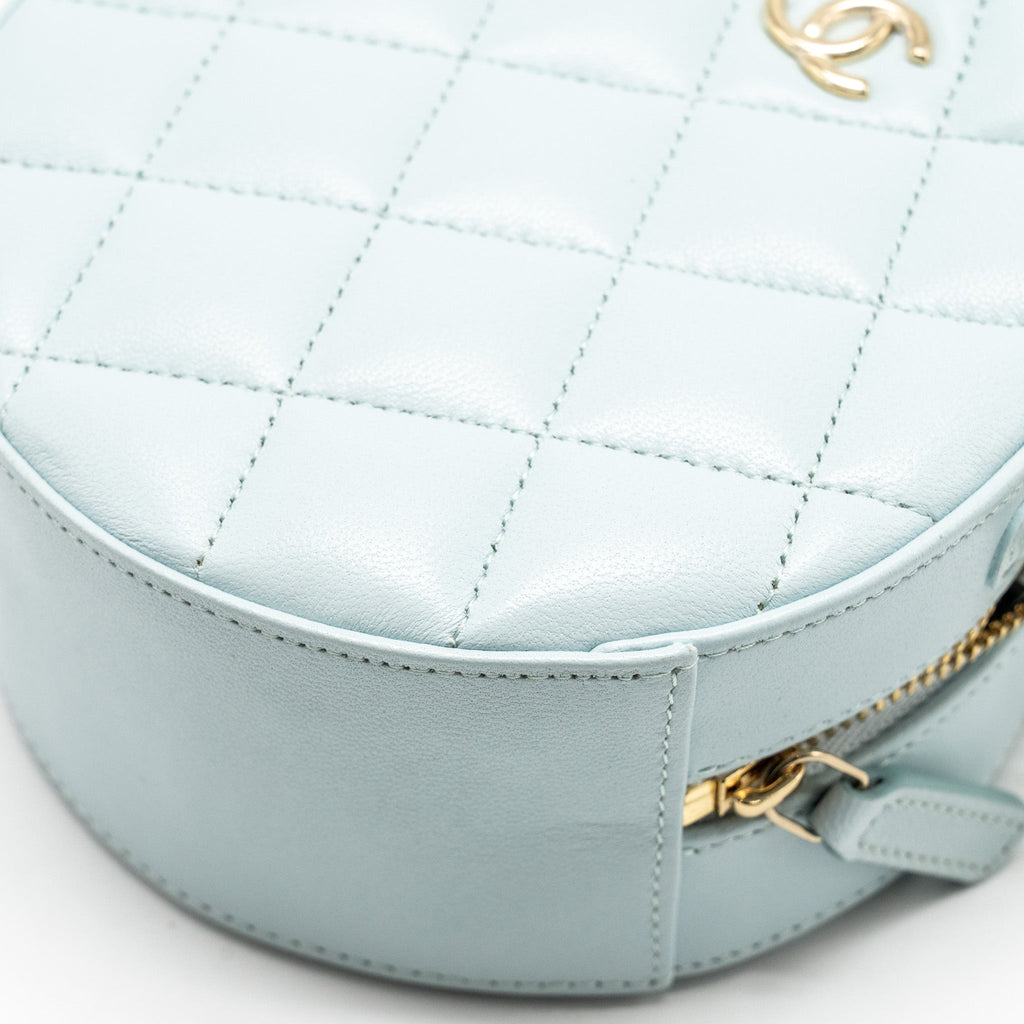 Chanel Mini Round Vanity With ribbon on chain Lambskin Light Blue L