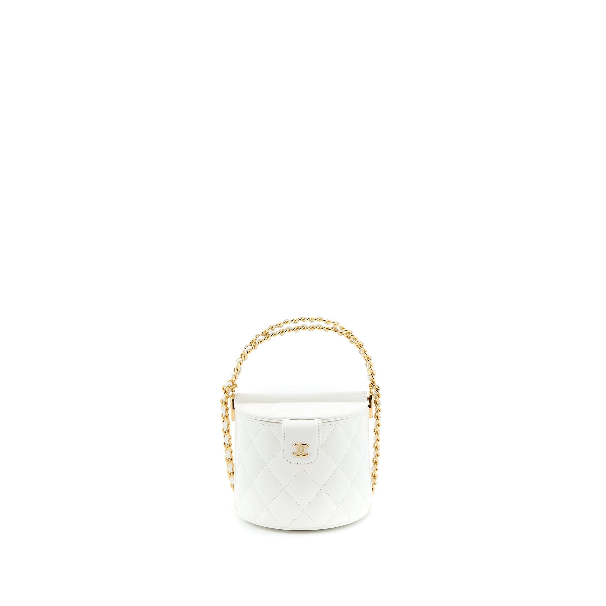 Chanel Top Handle Round Vanity with Chain Lambskin White  (Microchip)