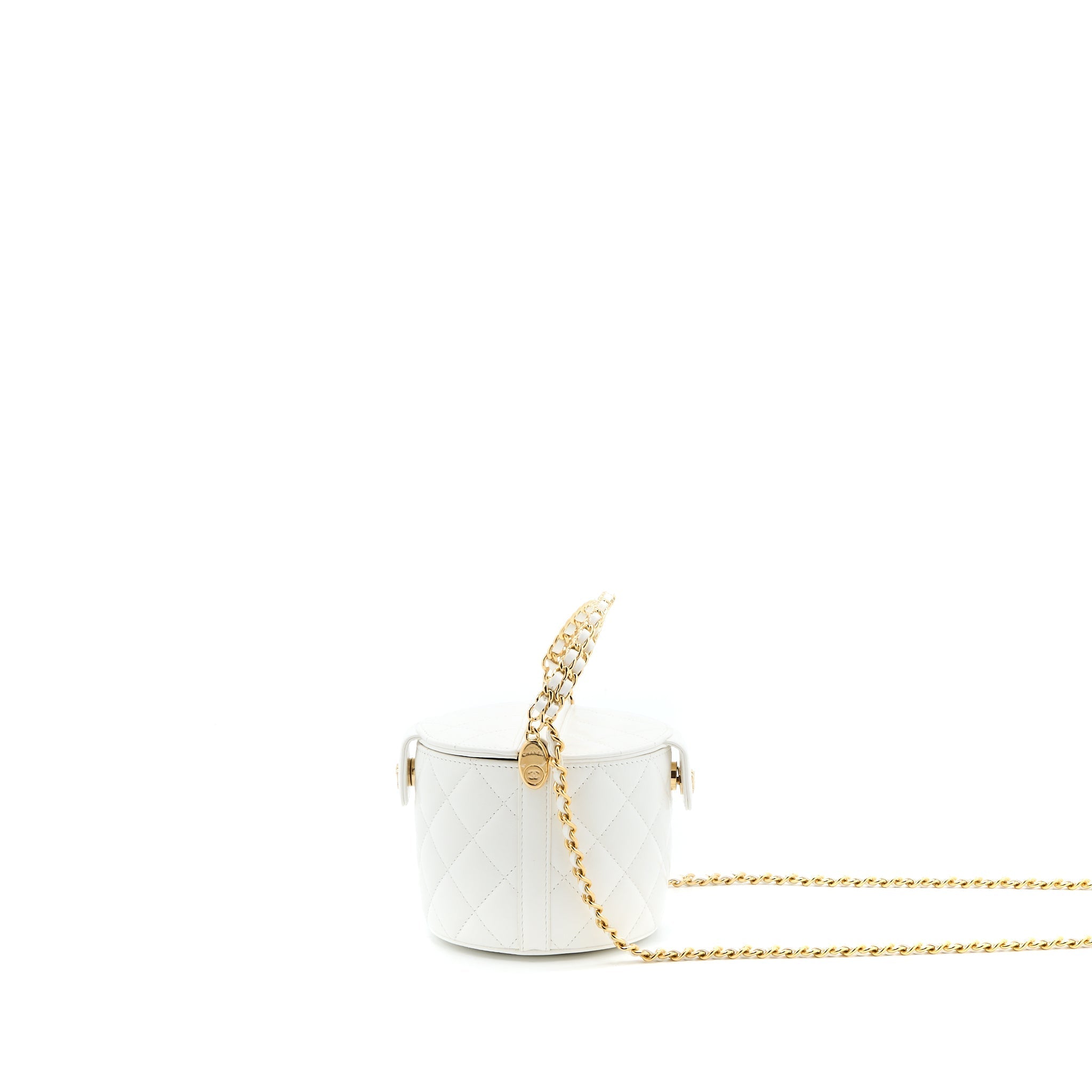 Chanel Top Handle Round Vanity with Chain Lambskin White  (Microchip)