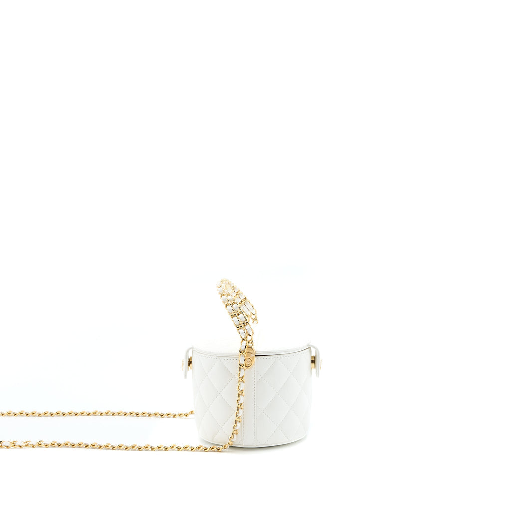Chanel Top Handle Round Vanity with Chain Lambskin White  (Microchip)