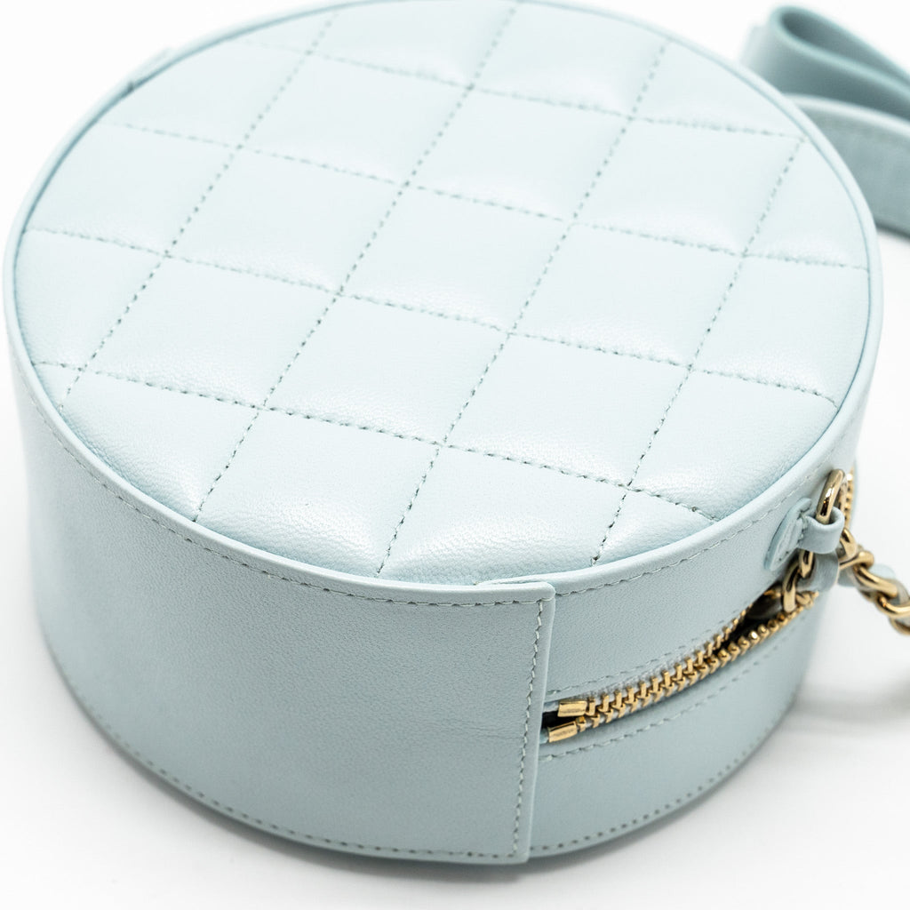 Chanel Mini Round Vanity With ribbon on chain Lambskin Light Blue L