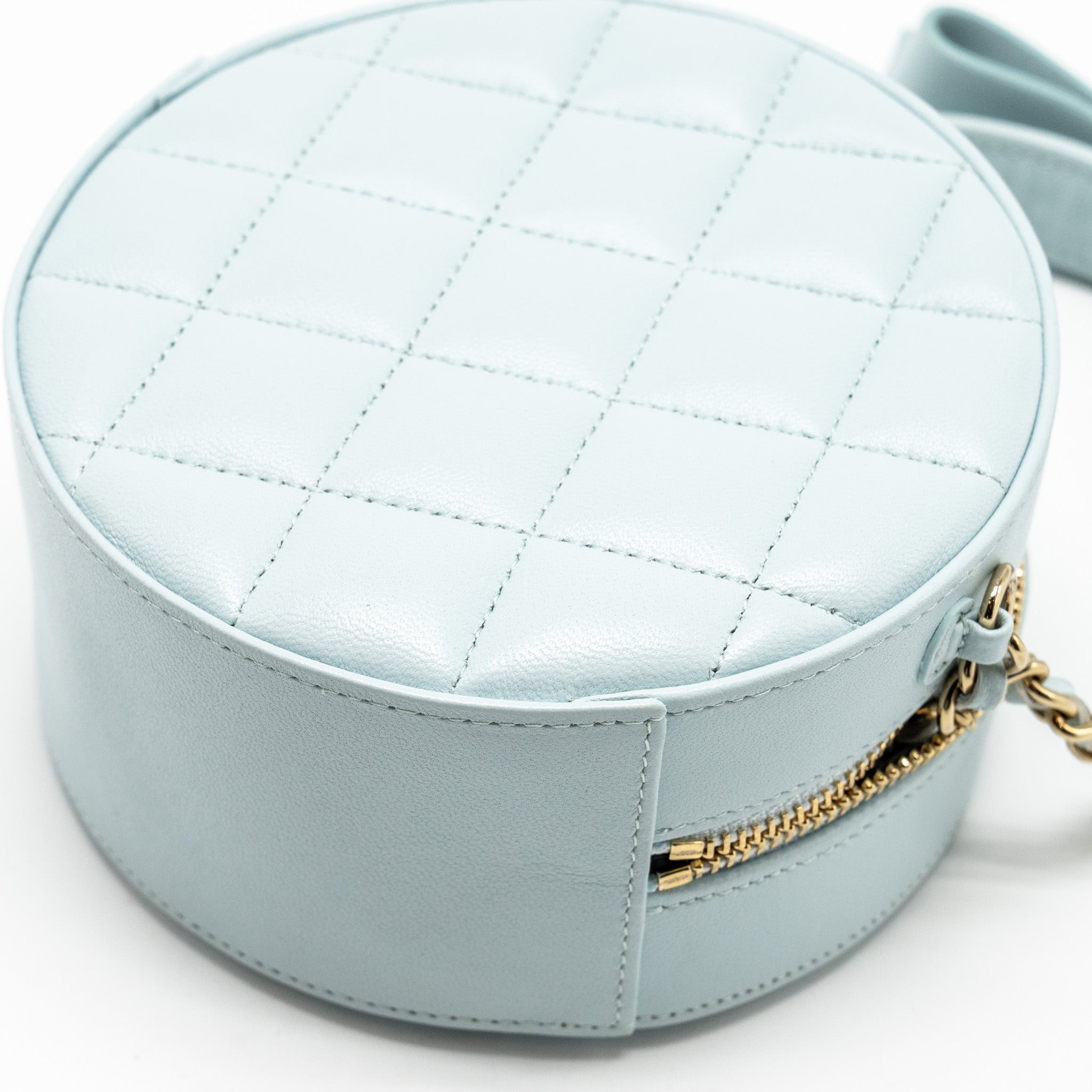 Chanel Mini Round Vanity With ribbon on chain Lambskin Light Blue L