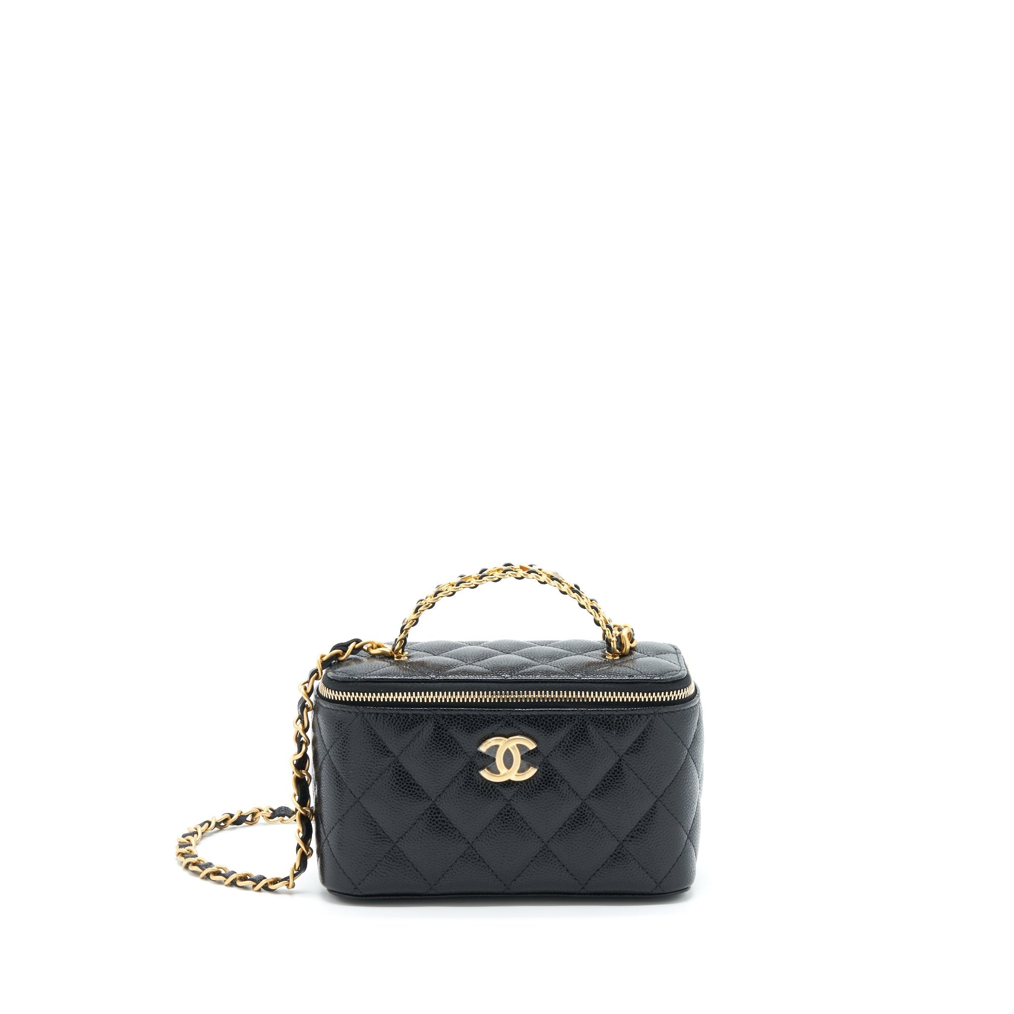 Chanel 22S Letter Top Handle Long Vanity With Chain Caviar Black