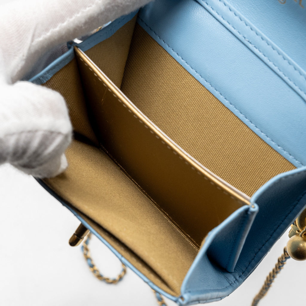 Chanel Pearl crush mini flap wallet with chain lambskin blue