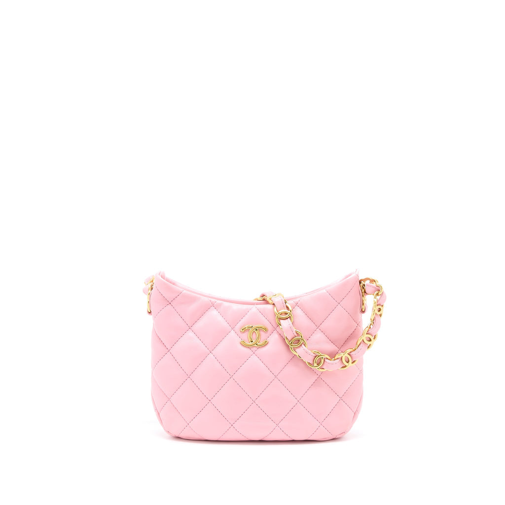 Chanel 22K Hobo Bag Logo Chain Lambskin Pink  (Microchip)
