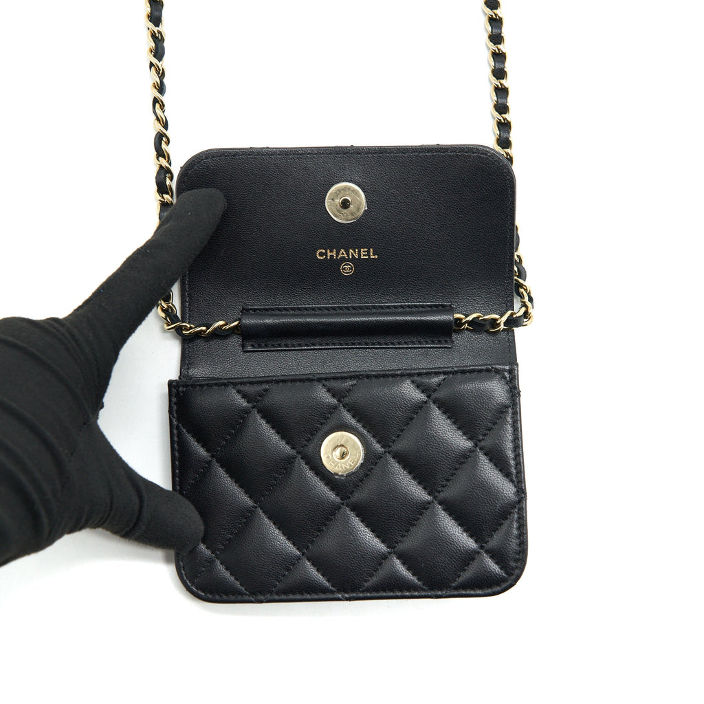 Chanel Mini Flap Card Holder Ribbon Chain Lambskin Black L