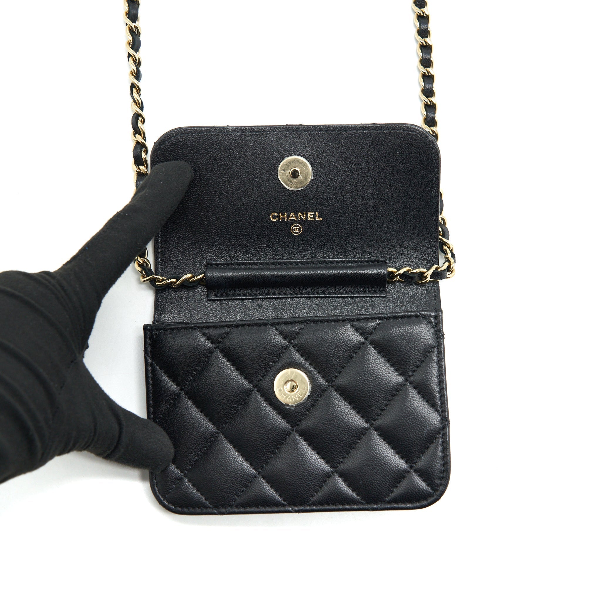 Chanel Mini Flap Card Holder Ribbon Chain Lambskin Black L