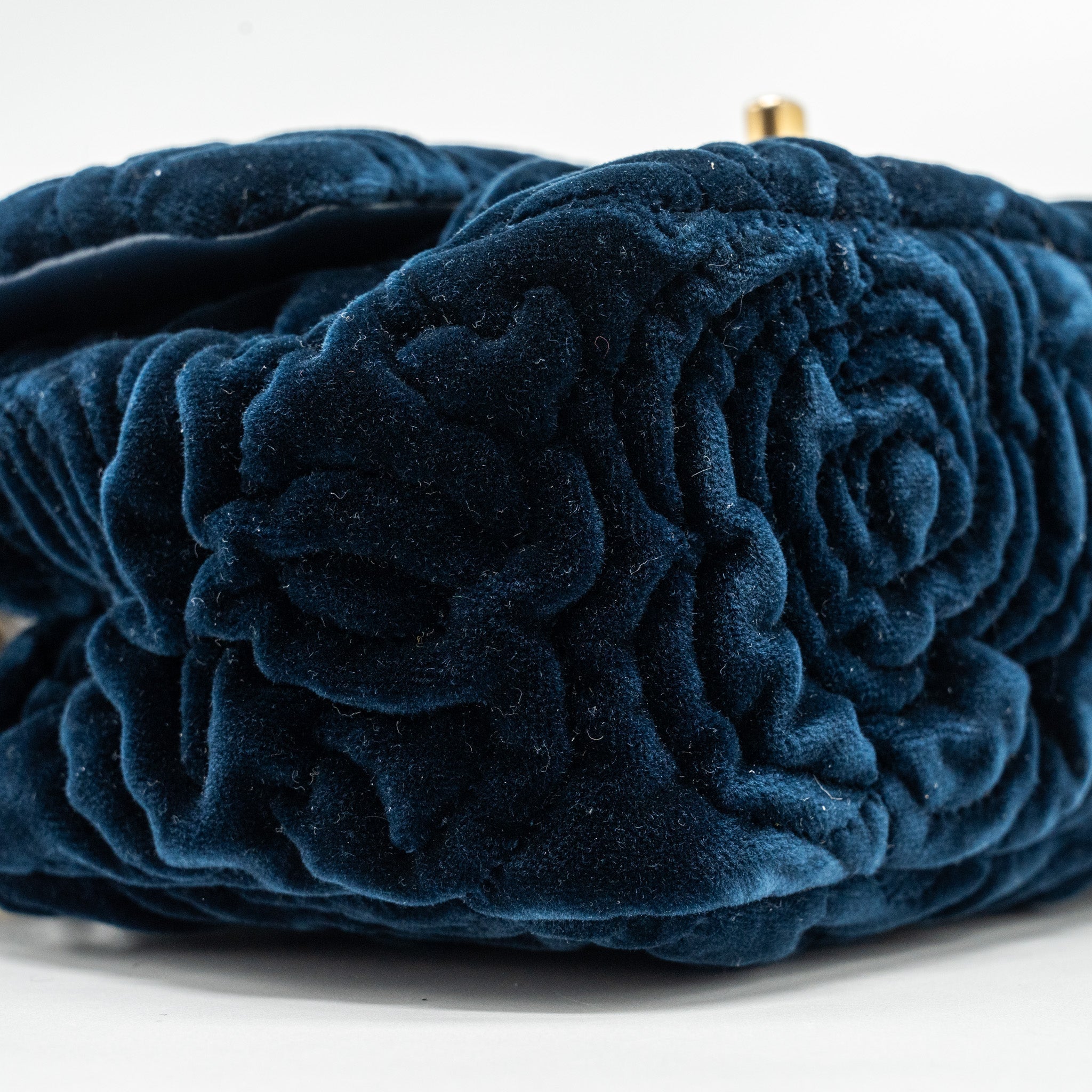 Chanel Camellia Embossed Mini Square Flap Bag Velvet Navy  (microchip)