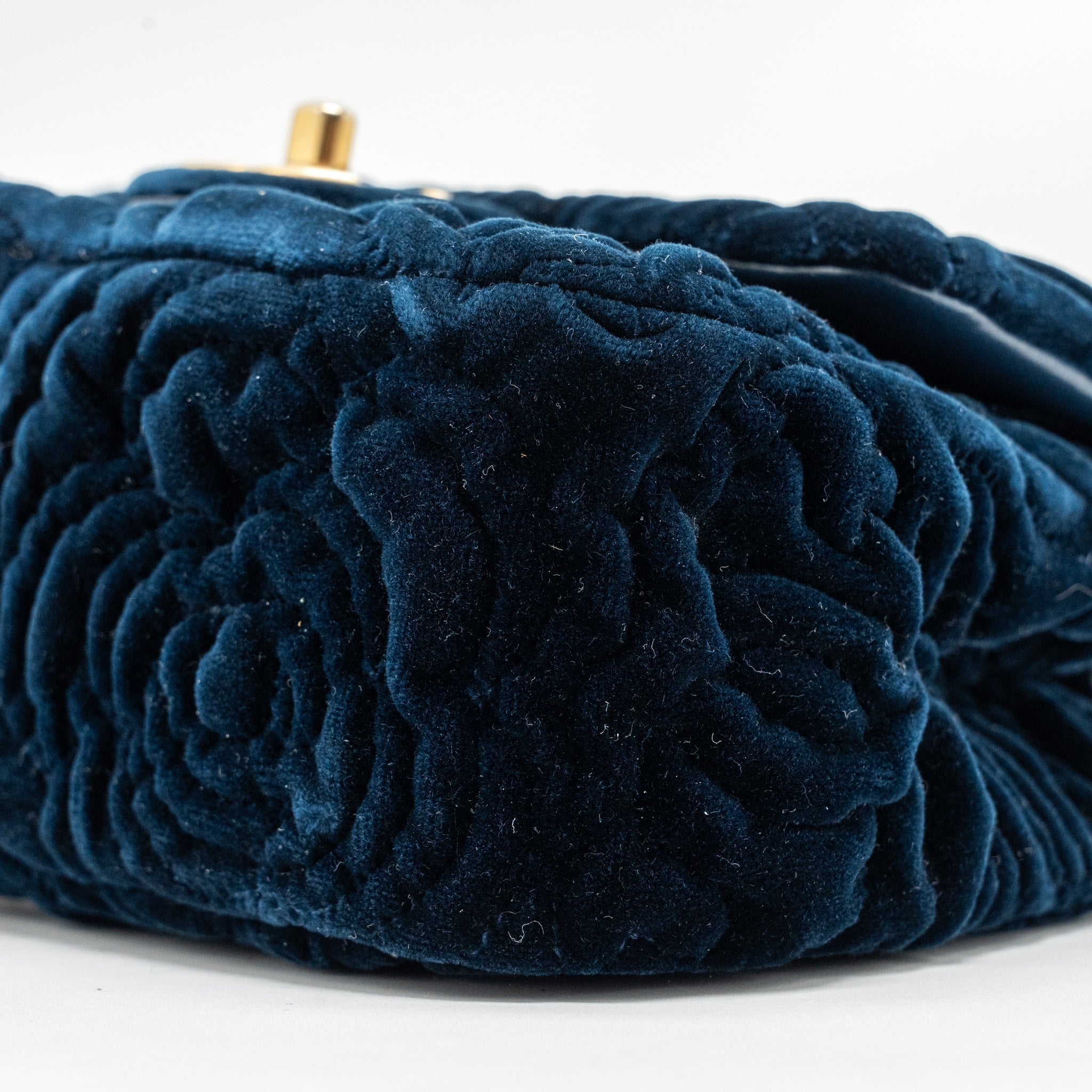 Chanel Camellia Embossed Mini Square Flap Bag Velvet Navy  (microchip)