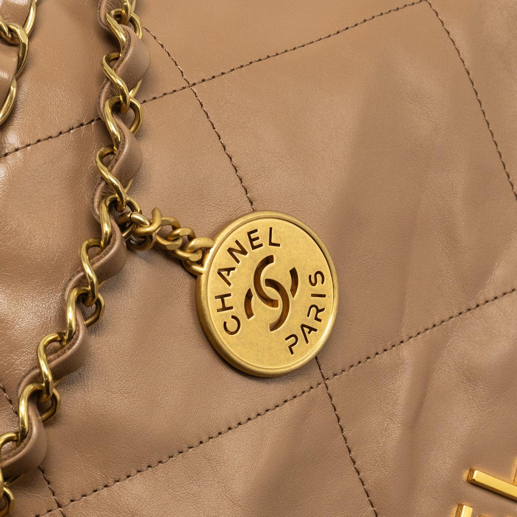 Chanel Small 22 Bag Shiny Calfskin Dark Beige  (microchip)