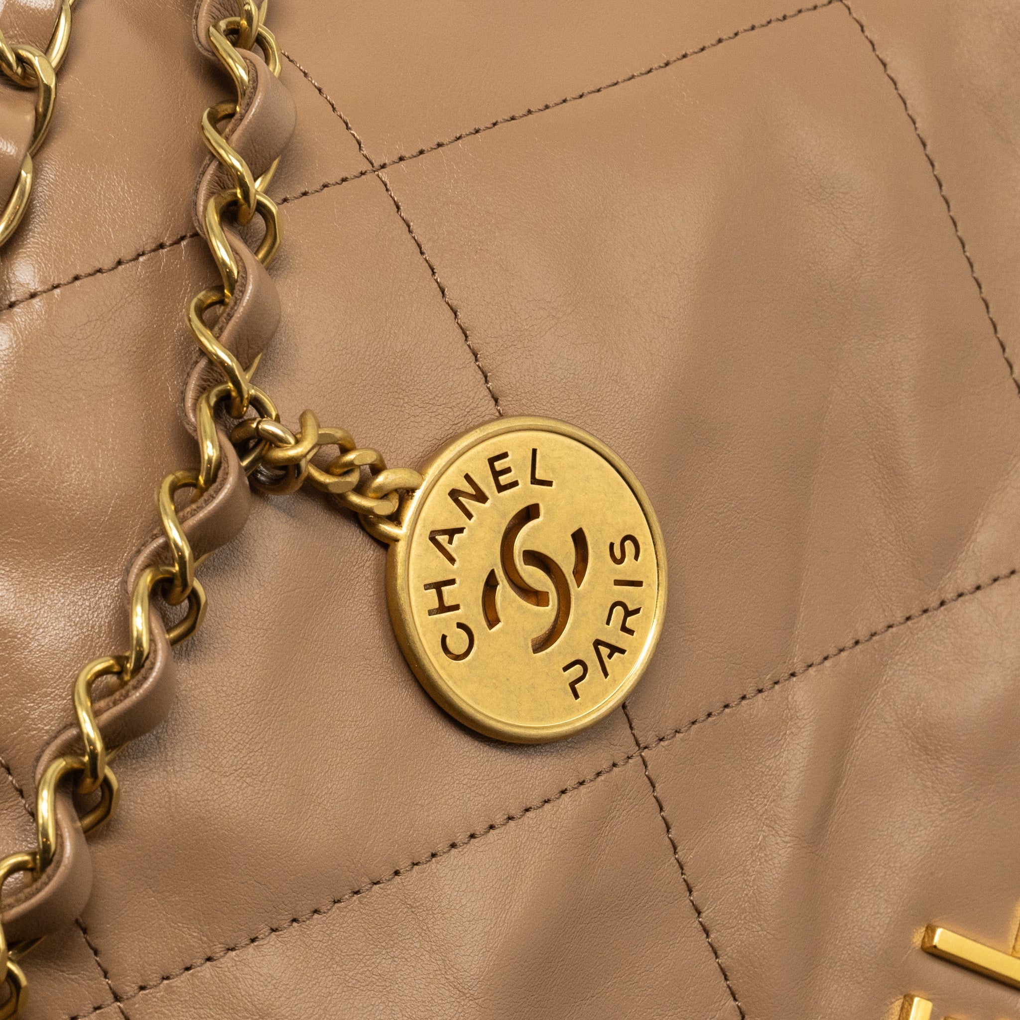 Chanel Small 22 Bag Shiny Calfskin Dark Beige  (microchip)