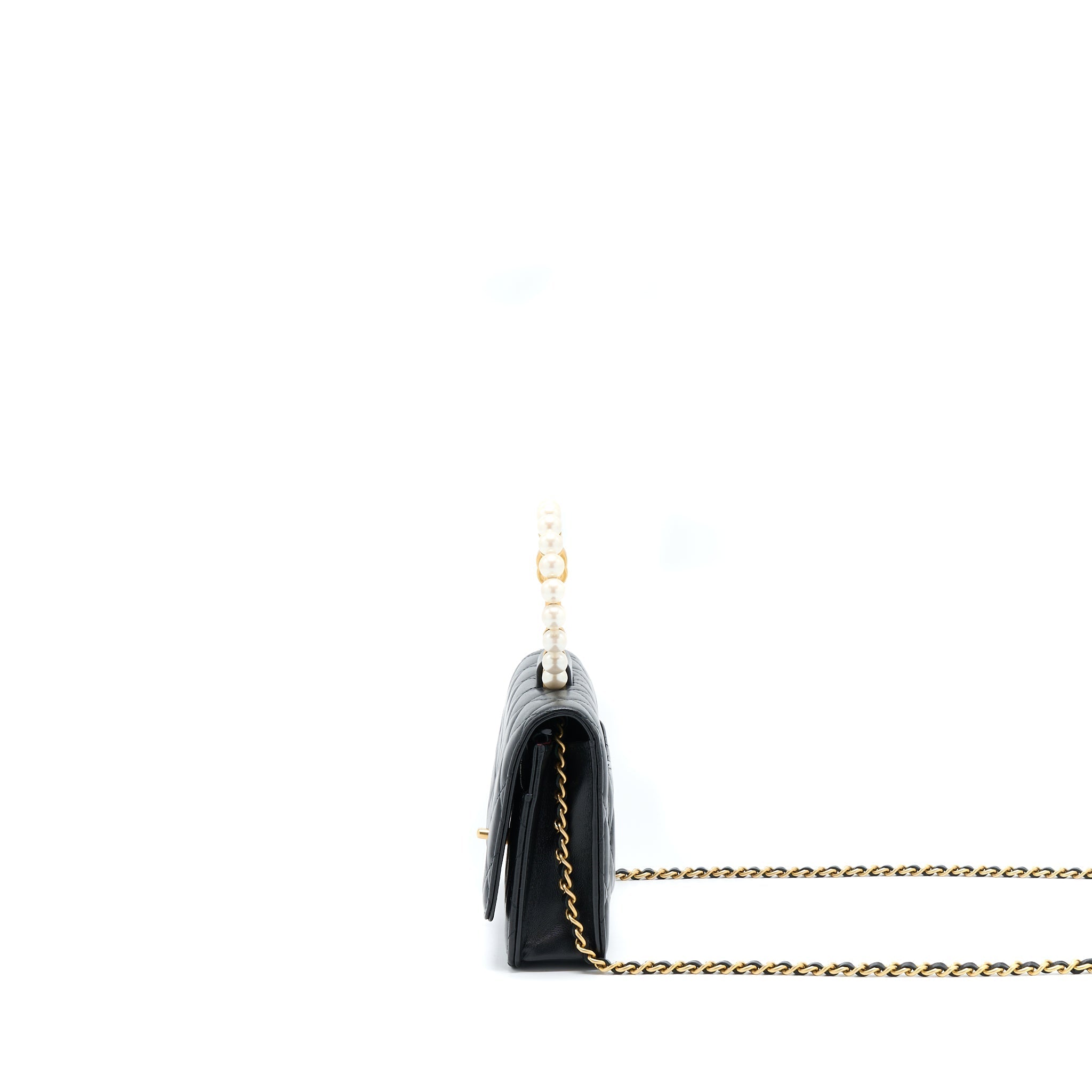 Chanel 21S Wallet On Chain With Pearl/CC logo Round Handle Lambskin Black Brushed
