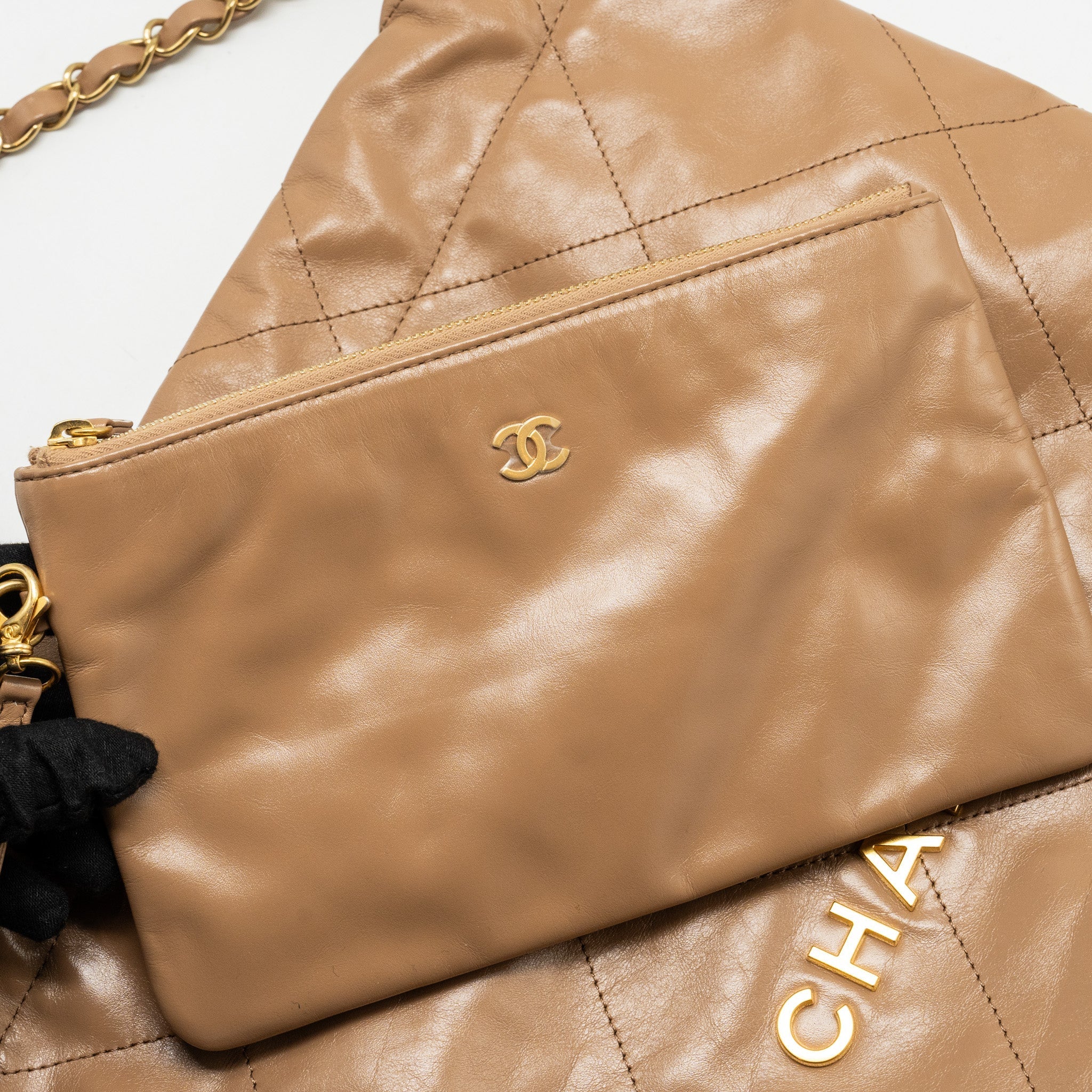 Chanel Small 22 Bag Shiny Calfskin Dark Beige  (microchip)