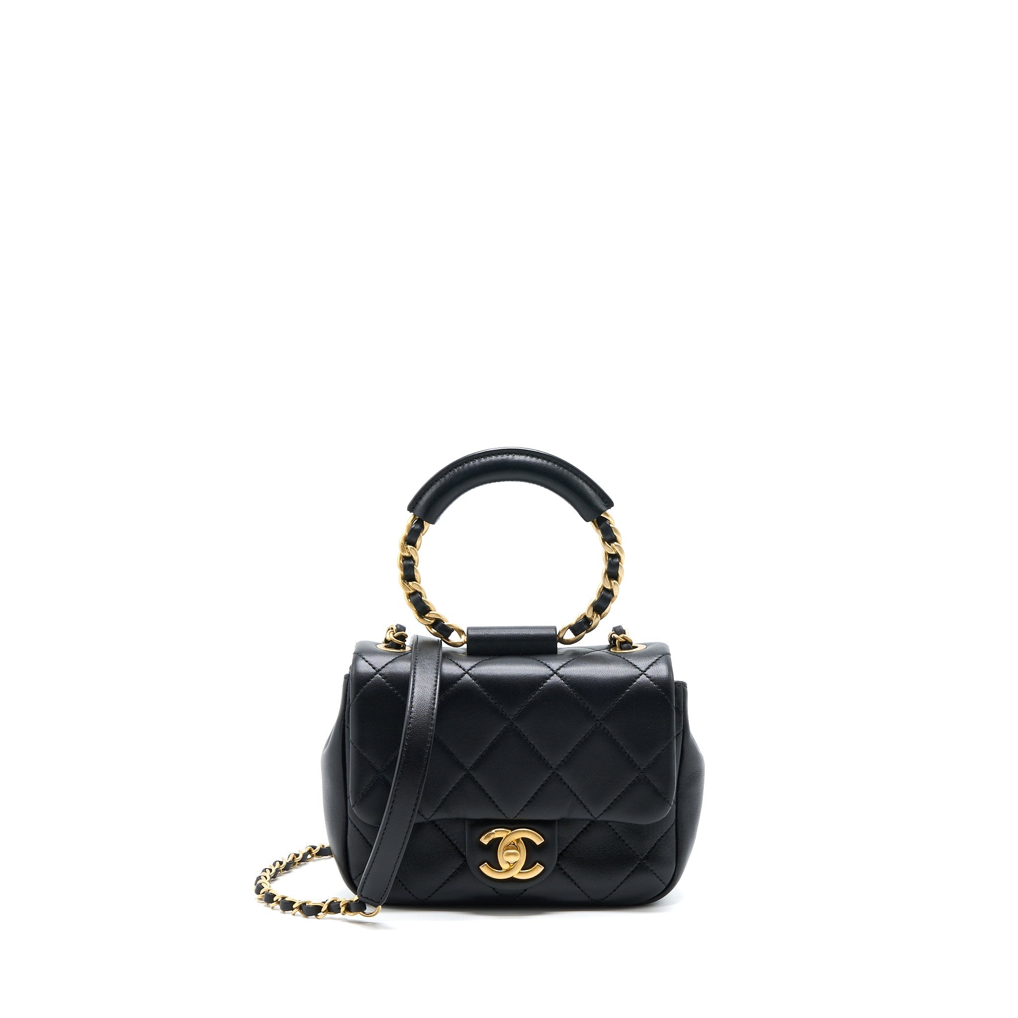 Chanel Circular Handle Quilted Flap Bag Lambskin Black Brushed