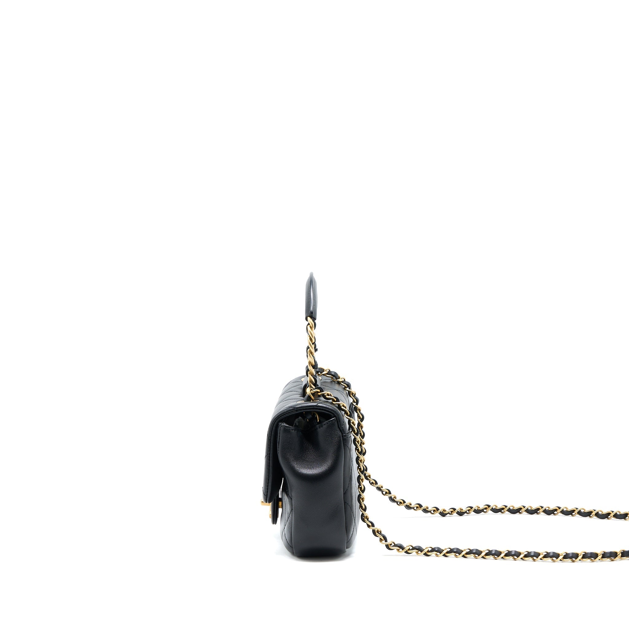 Chanel Circular Handle Quilted Flap Bag Lambskin Black Brushed