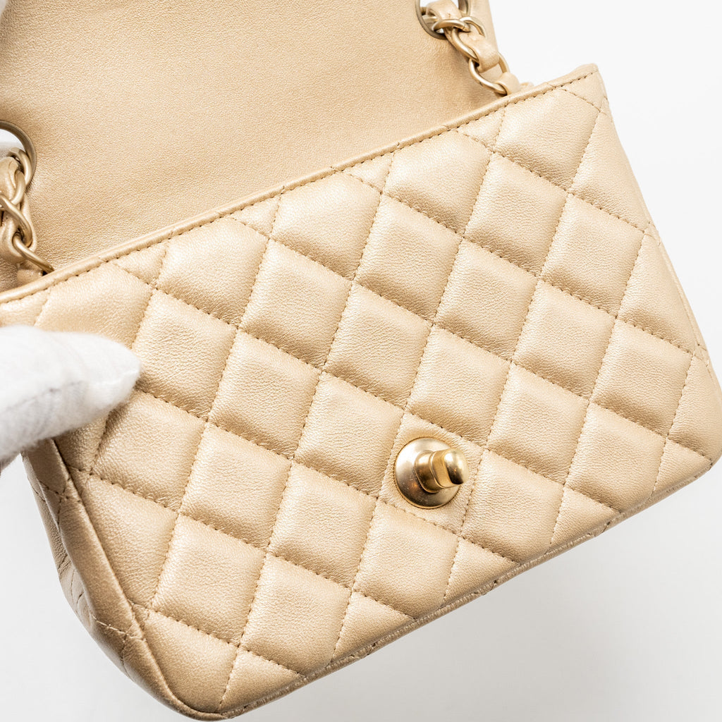 Chanel mini square flap bag lambskin gold