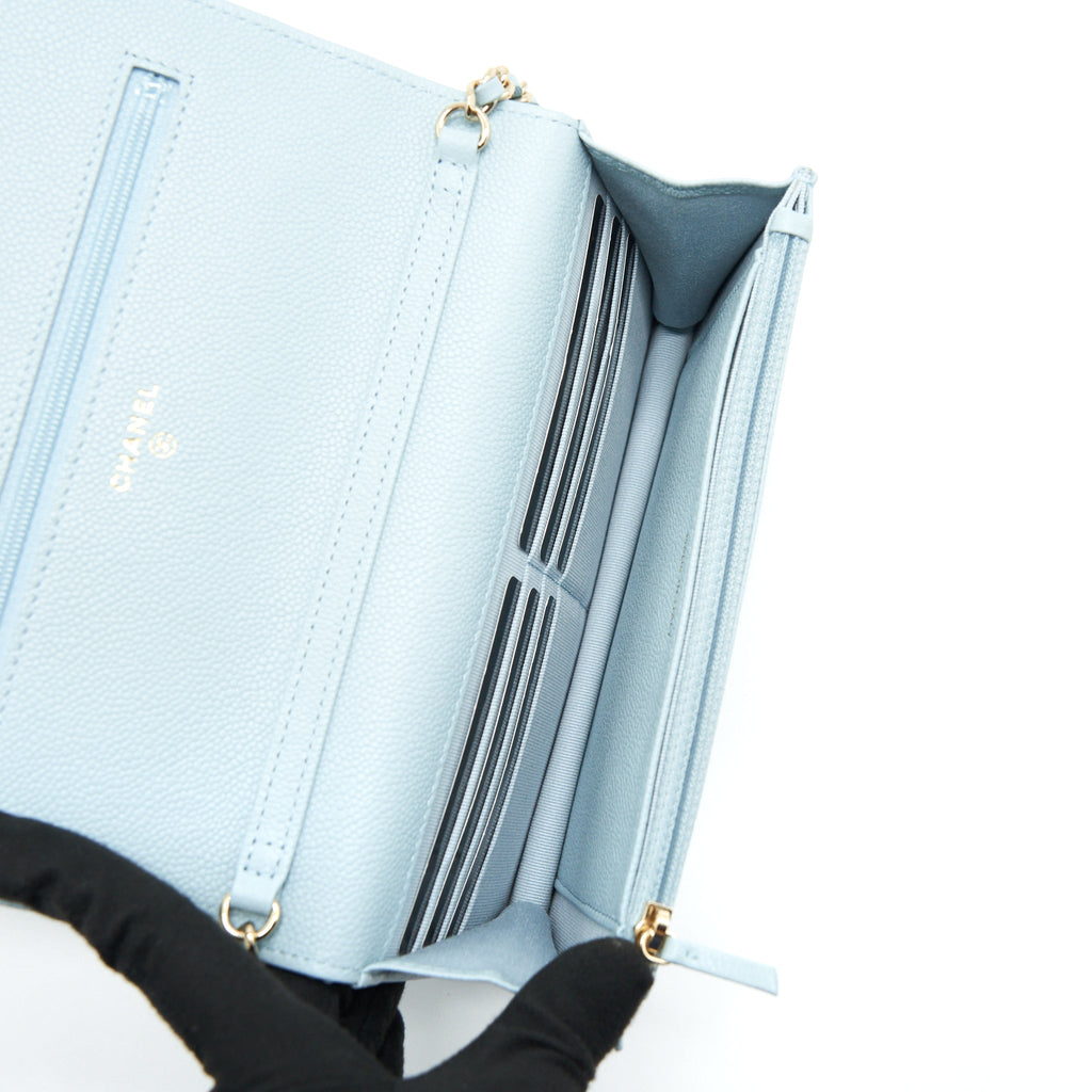 Chanel 22P Wallet On Chain With CC Logo Chain Caviar Light Blue L