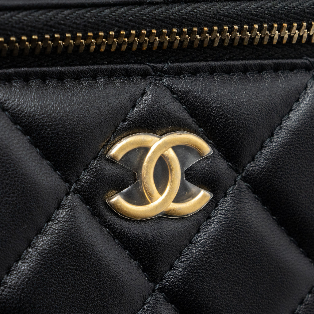 Chanel top handle long vanity with chain lambskin black  (microchip)