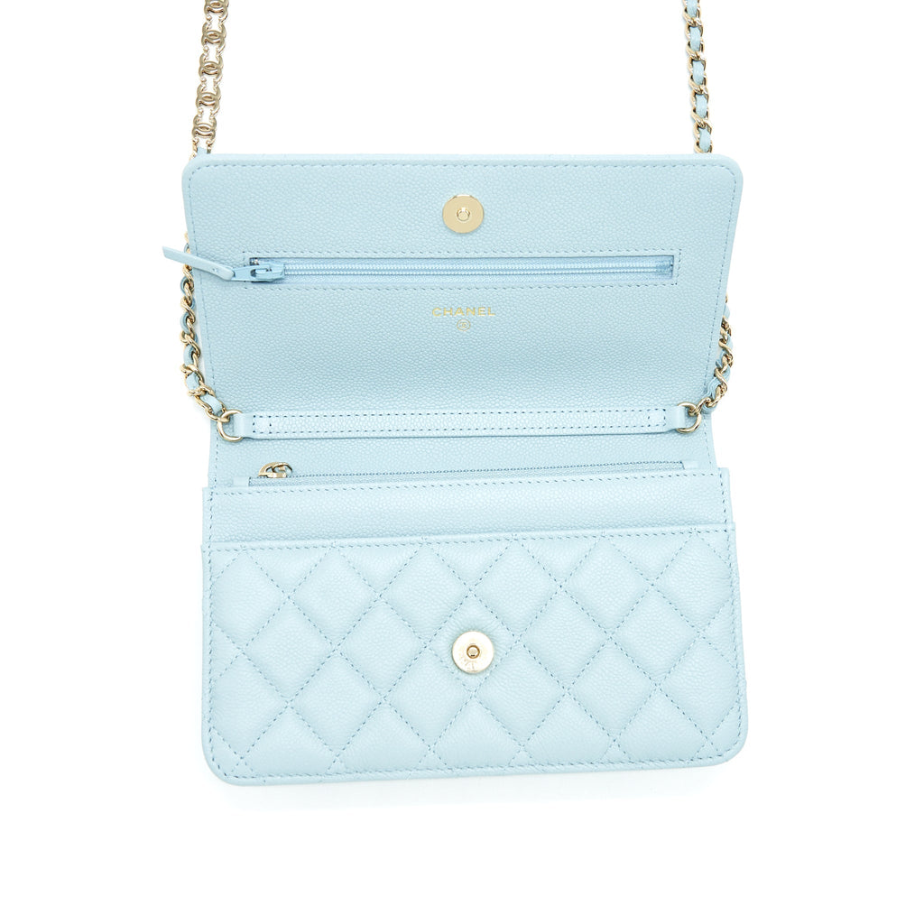 Chanel 22P Wallet On Chain With CC Logo Chain Caviar Light Blue L