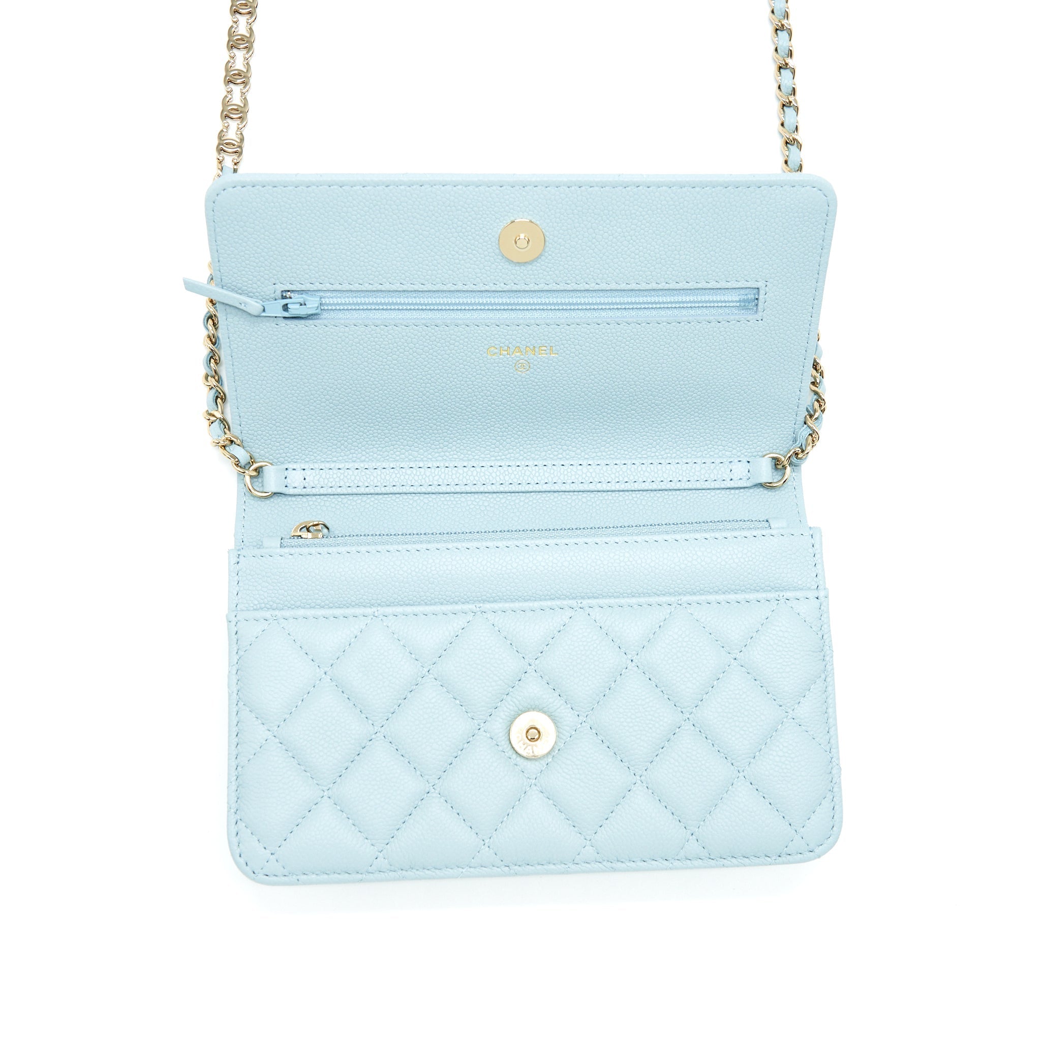 Chanel 22P Wallet On Chain With CC Logo Chain Caviar Light Blue L