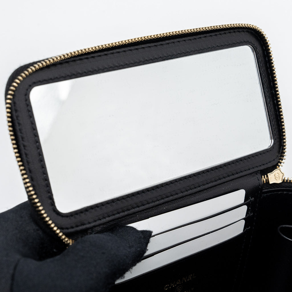 Chanel top handle long vanity with chain lambskin black  (microchip)